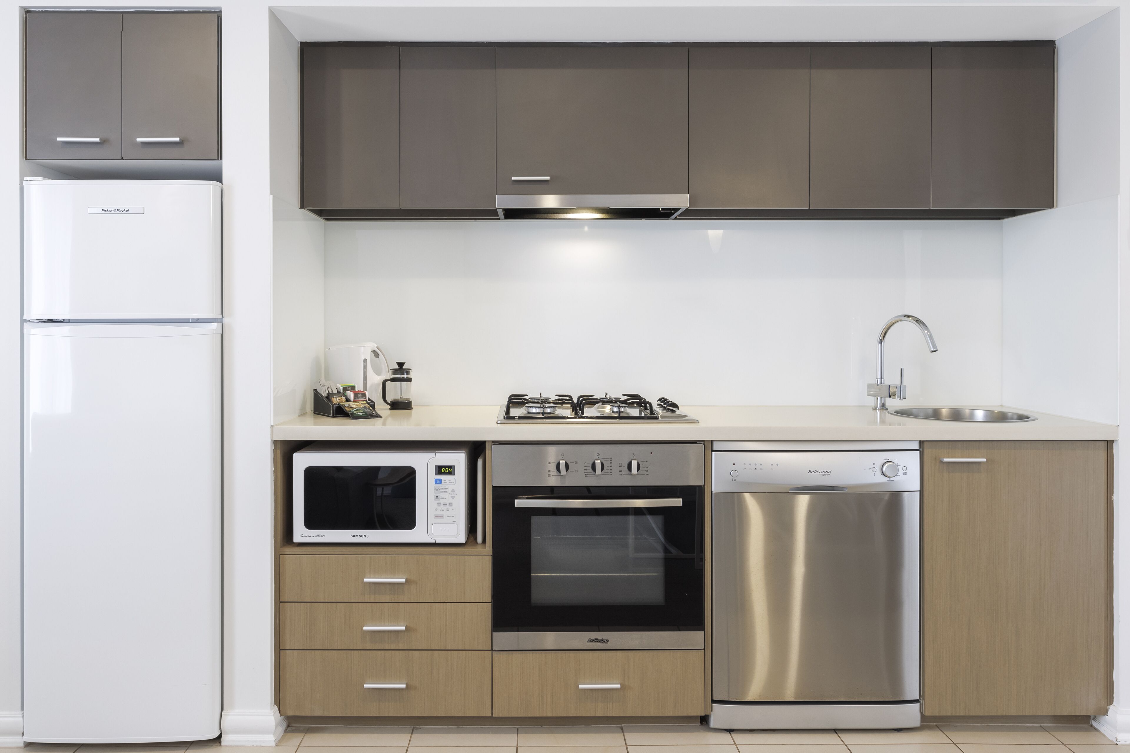 fridge, microwave, coffee/tea maker, electric kettle