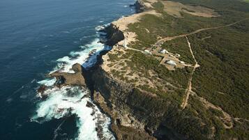 An aerial view of a coastal area with a rocky shoreline, a lighthouse, and a road leading through a forested region.