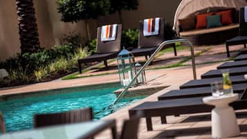 Outdoor pool, open 8:00 AM to 11:00 PM, pool umbrellas, sun loungers