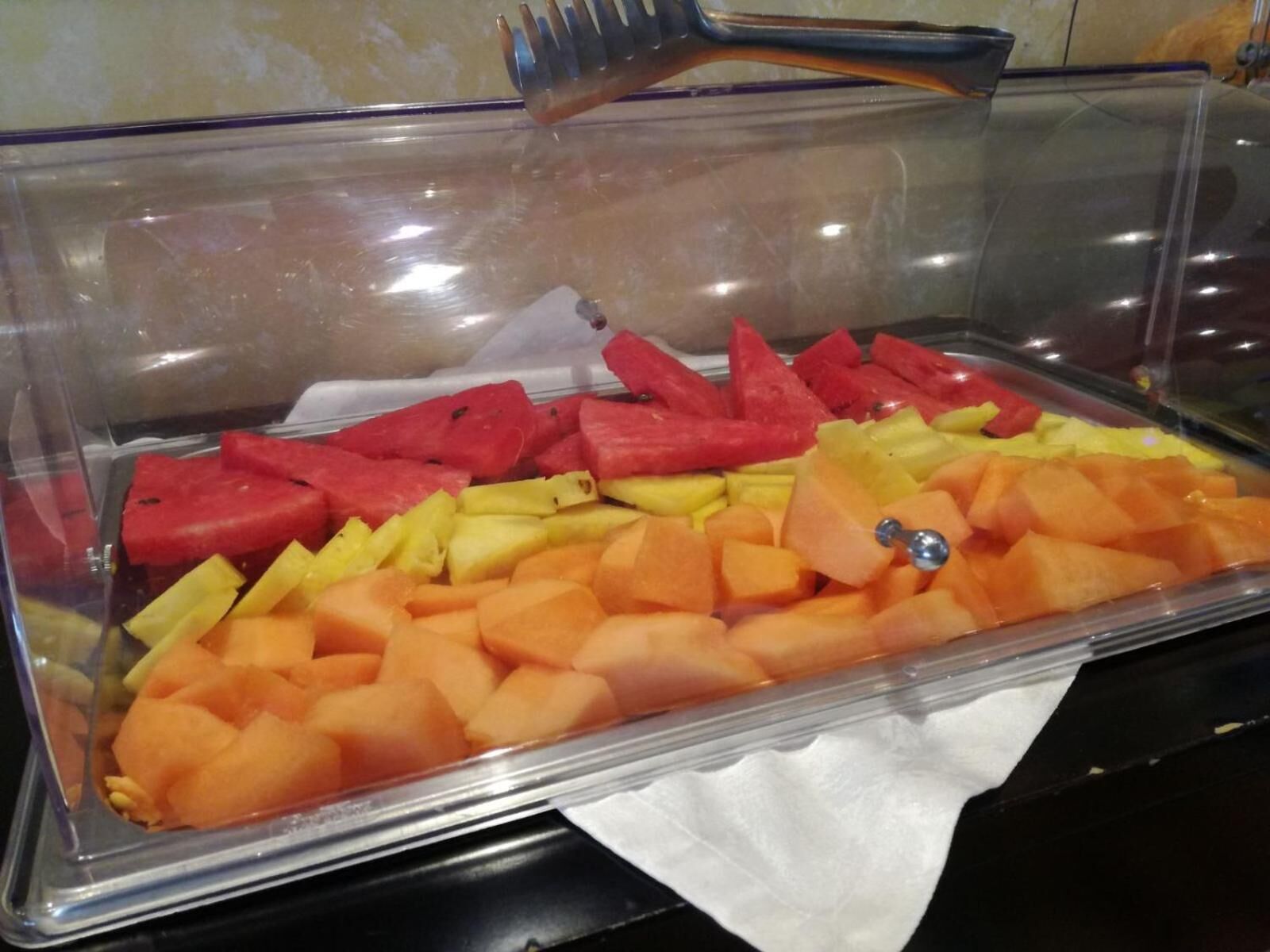 A buffet with a variety of fruits including watermelon, pineapple, and cantaloupe.