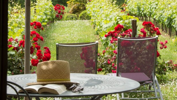 Ein Tisch mit Hut und Buch, umgeben von Stühlen, mit Blick auf einen üppigen Garten mit roten Blumen und einer Burg auf einem Felsen.