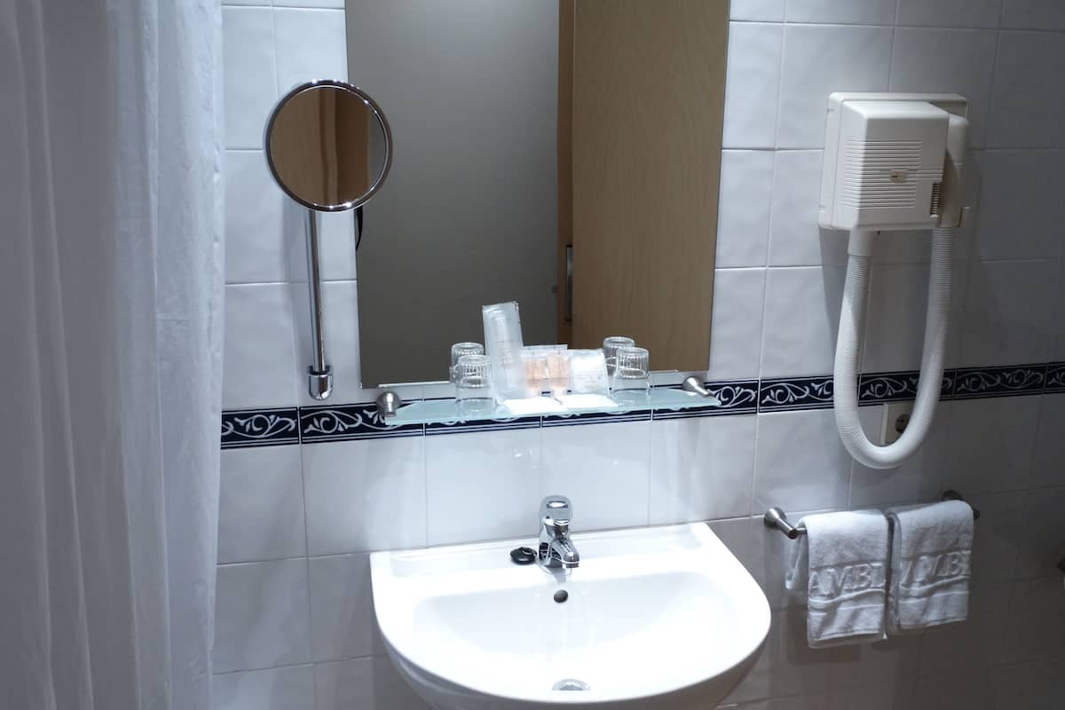 combined shower/bathtub, free toiletries, hair dryer, towels