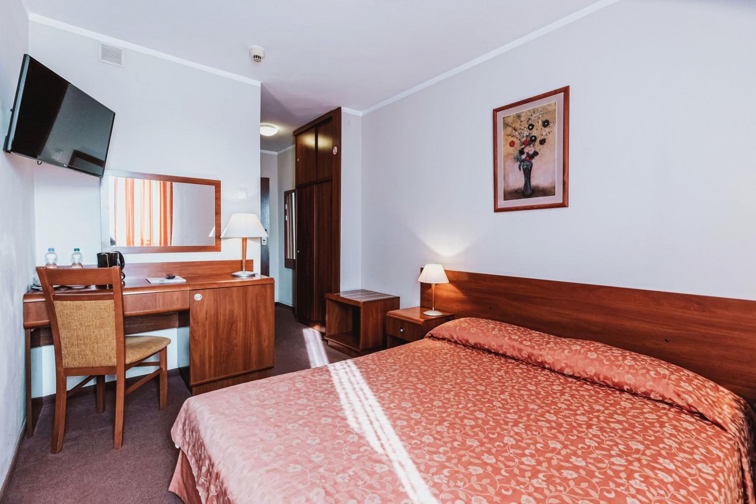 A hotel room with a bed, a desk with a chair, a television, a mirror, a nightstand with a lamp, and a framed picture on the wall.