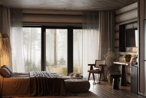 Un dormitorio moderno con un ventanal grande, una cama, una silla y una mesita con una planta.