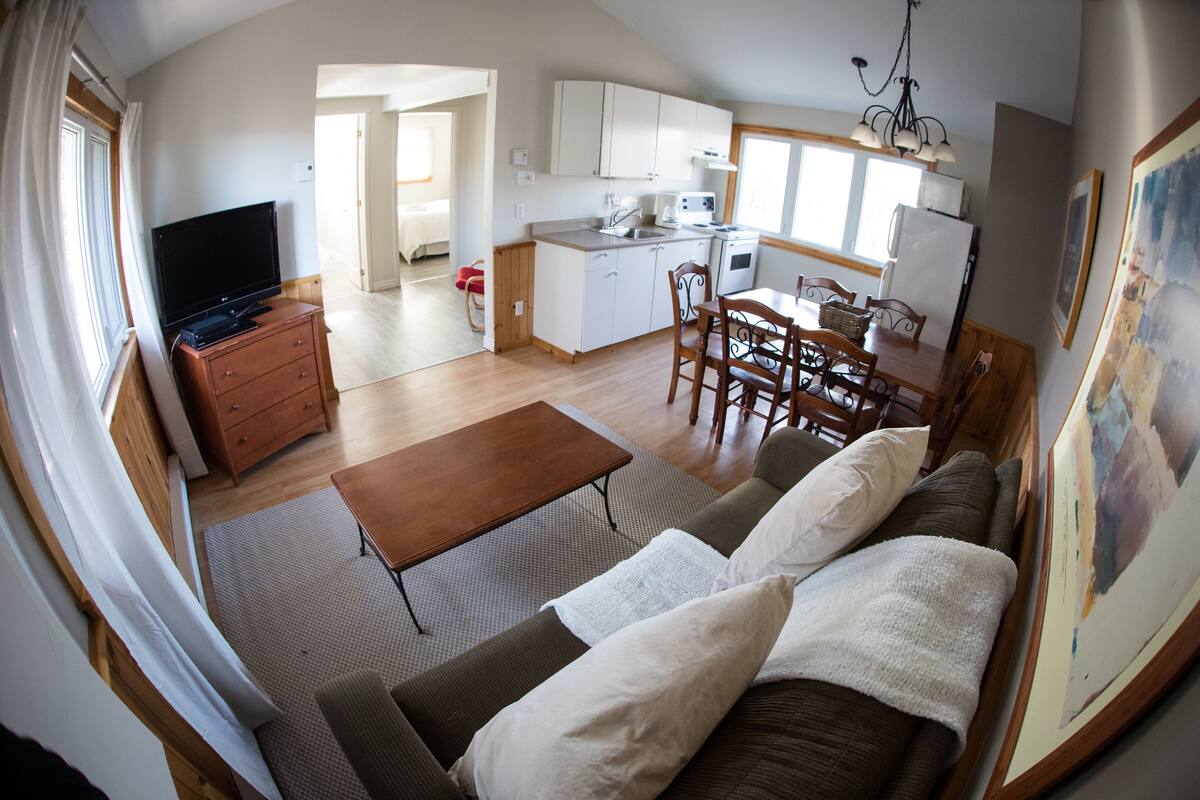 Ein kompakter Wohnbereich mit Sofa, Fernseher, Essbereich und Küchenzeile.