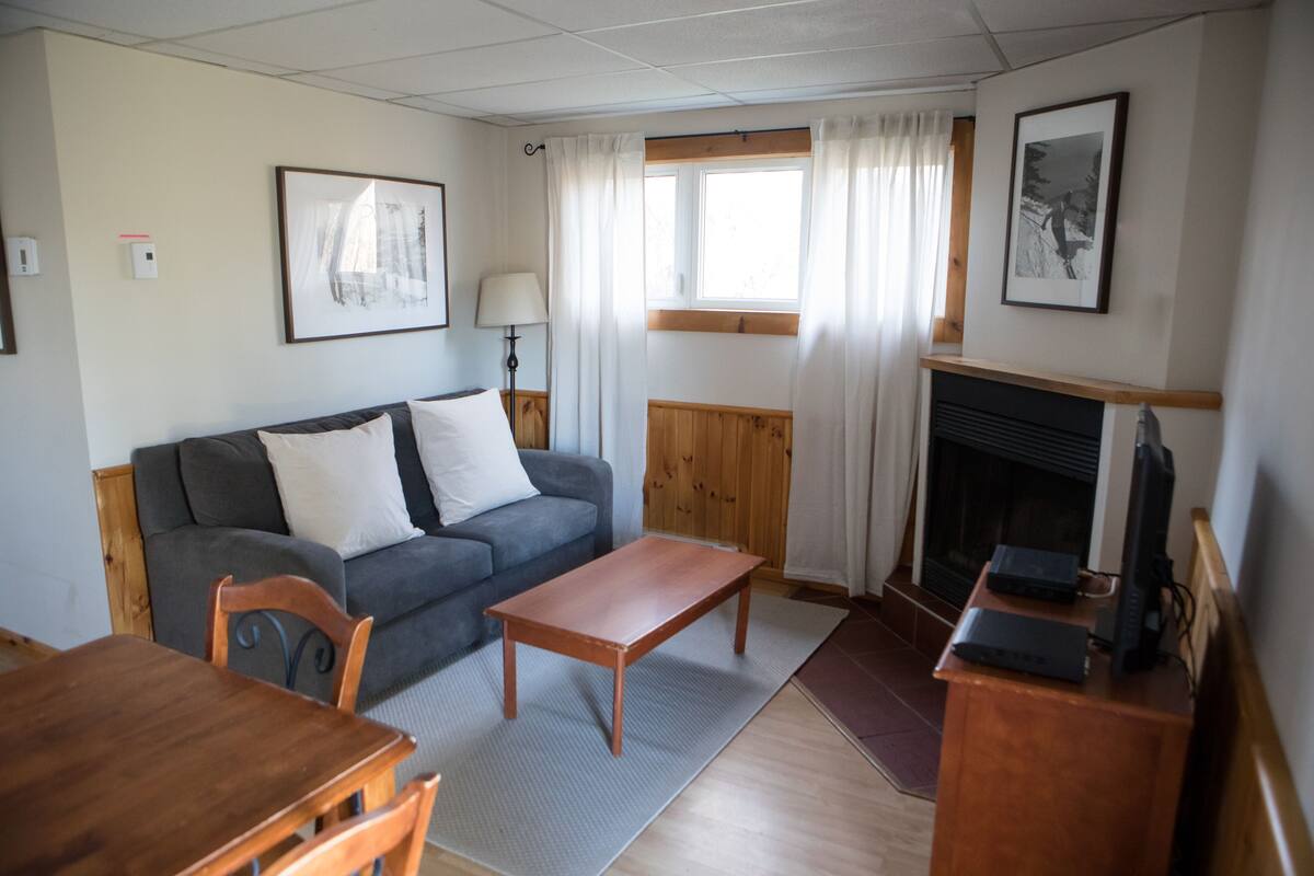 Ein Wohnzimmer mit einer Couch, einem Couchtisch, einem Kamin und einem Fernseher.