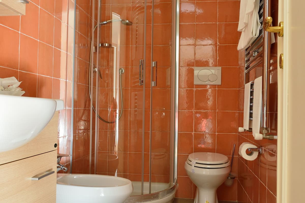 standard double room | bathroom | shower, free toiletries, hair dryer, bidet