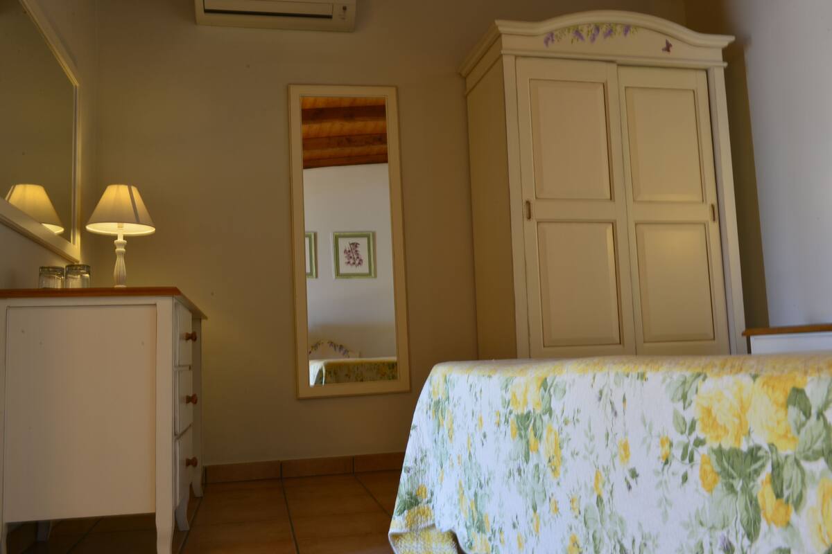 Una camera da letto con un letto, una cassettiera, uno specchio e un armadio.