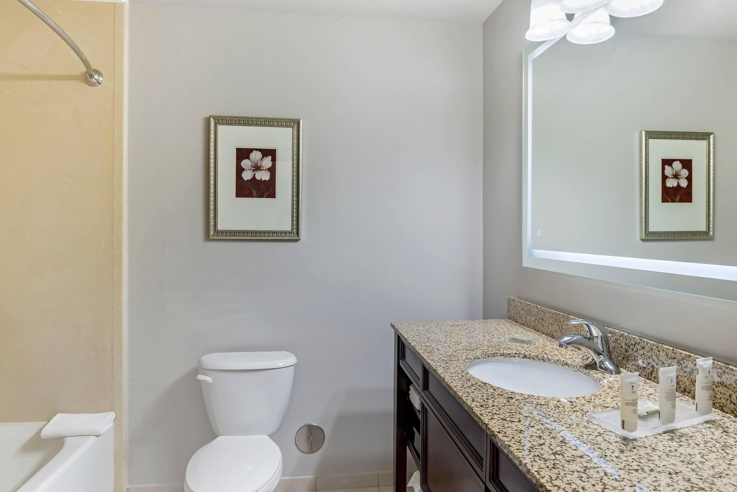 A bathroom with a toilet, sink, and framed artwork on the wall.