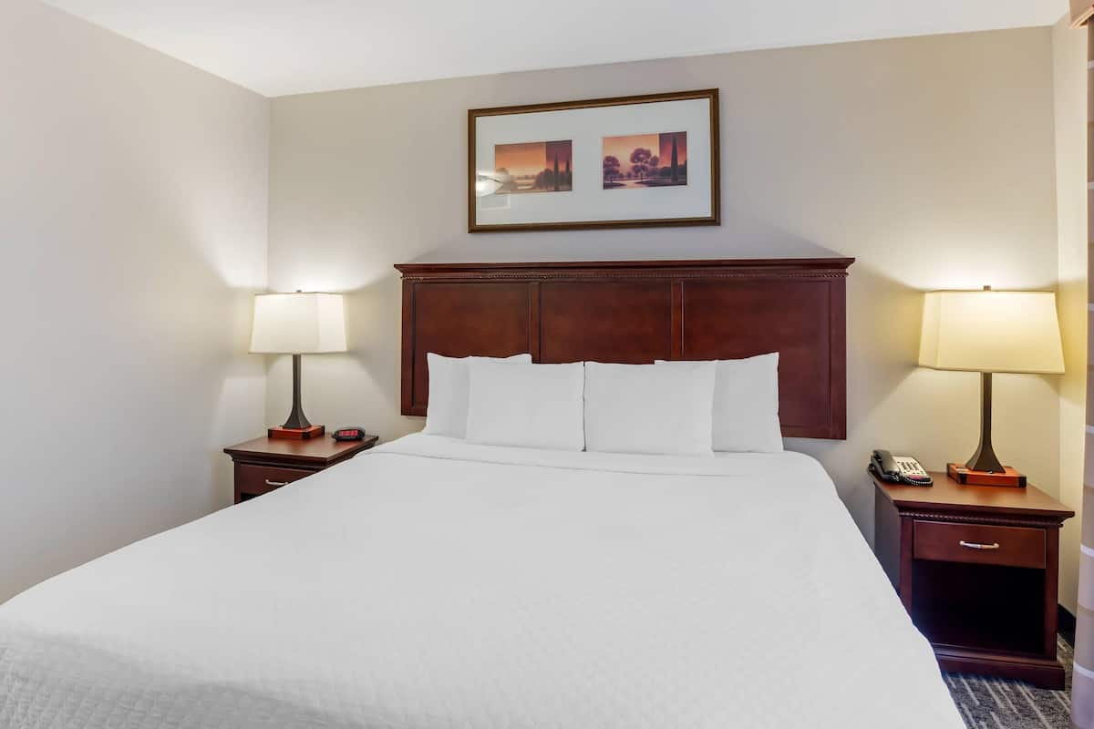 A hotel room with a large bed, two bedside tables with lamps, a framed picture above the bed, and a small drawer on the right side.