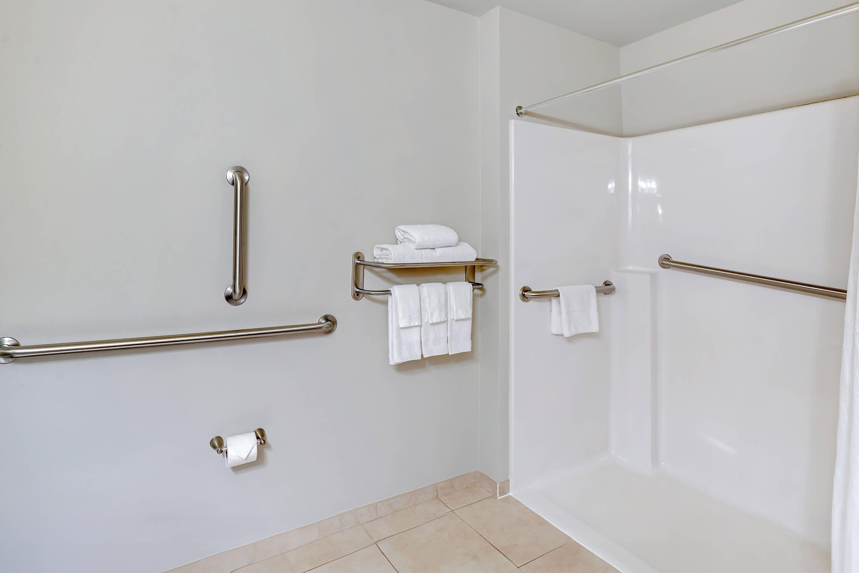 A bathroom with a shower, grab bars, a towel rack, and a toilet paper holder.