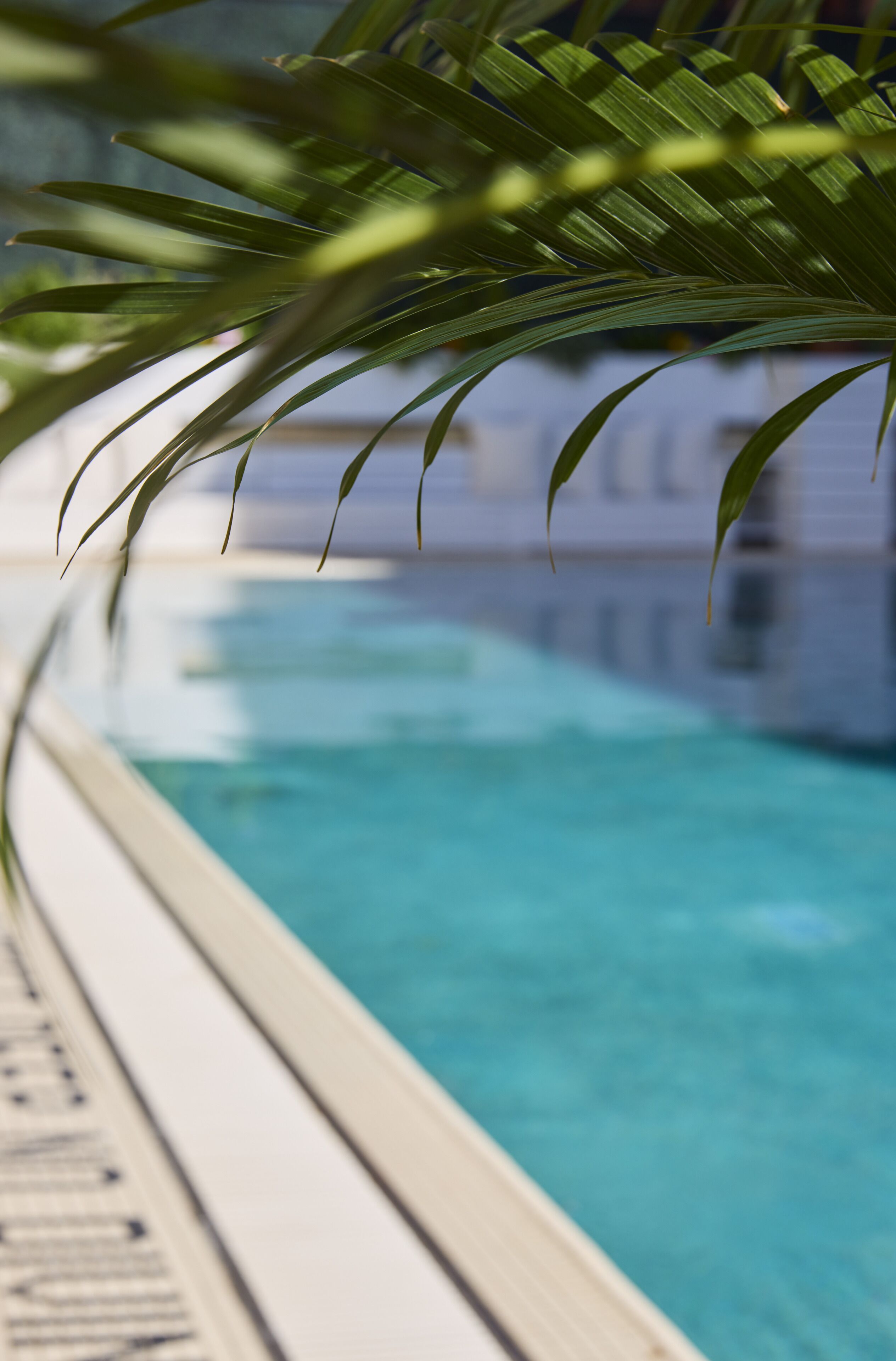 Une piscine à l’eau d’un bleu limpide, entourée d’un espace aménagé avec une rambarde.