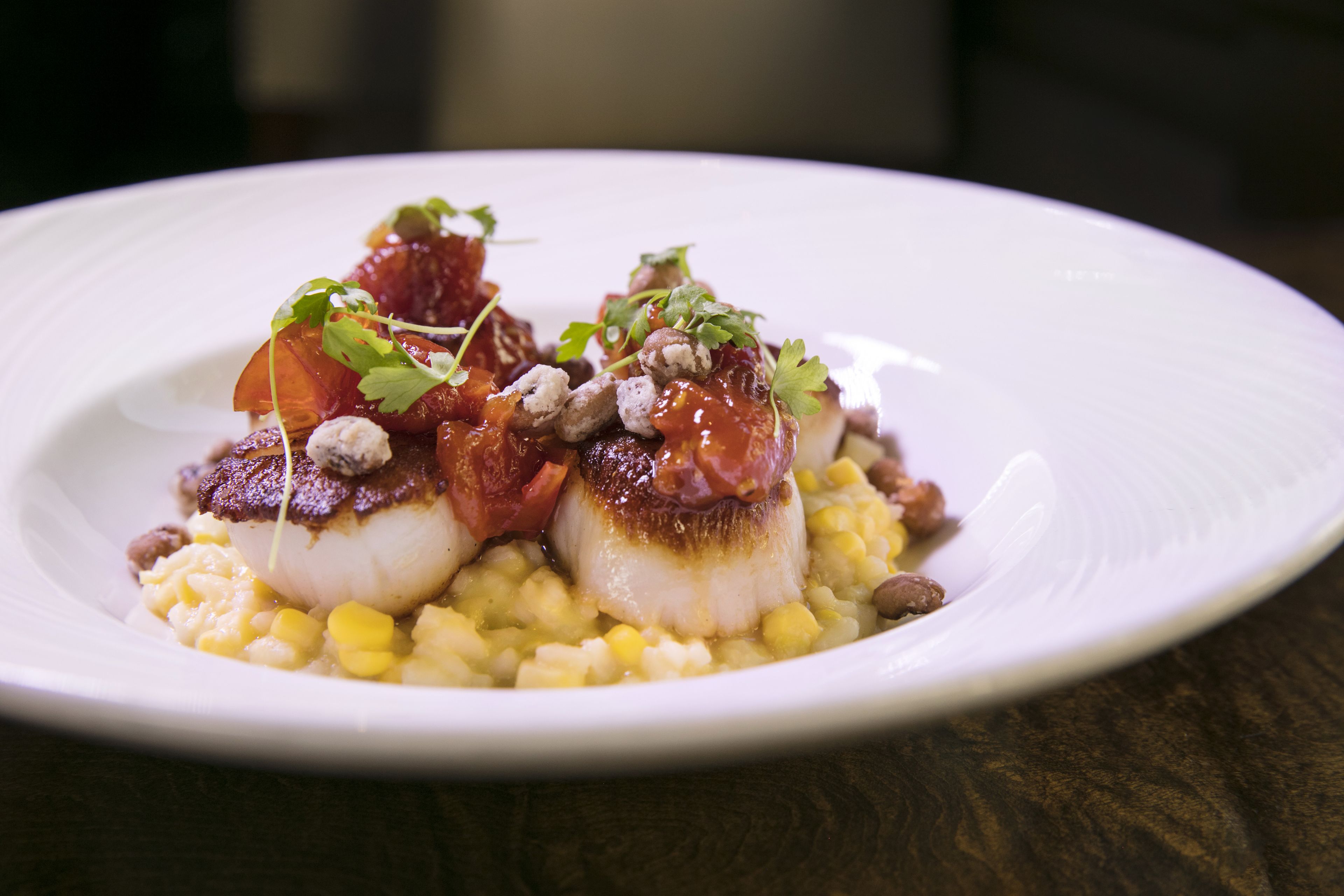 A white plate with seared scallops, corn, and garnishes on a wooden table.