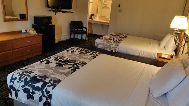 Hotelkamer met twee bedden, een televisie, een bureau met telefoon en een zichtbare badkamer door een open deur.