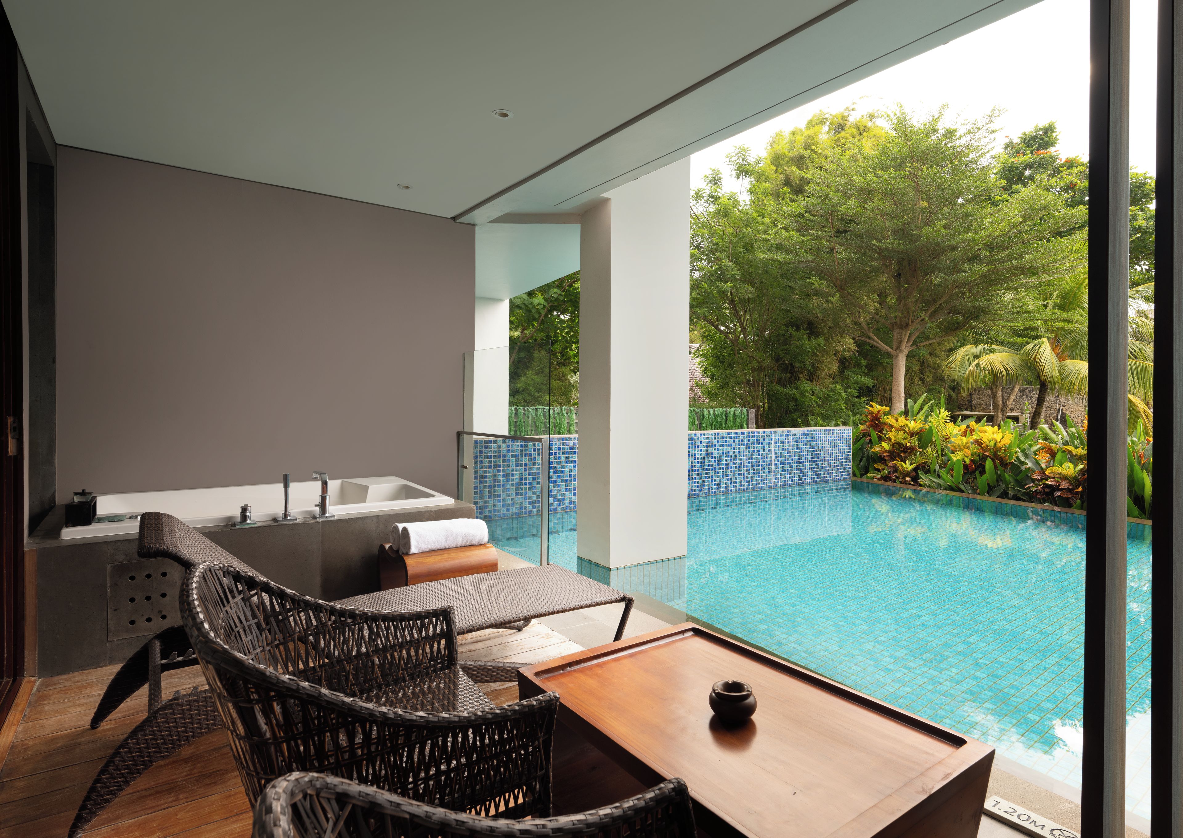 A modern bathroom with a bathtub, a shower, and a glass-enclosed pool area.