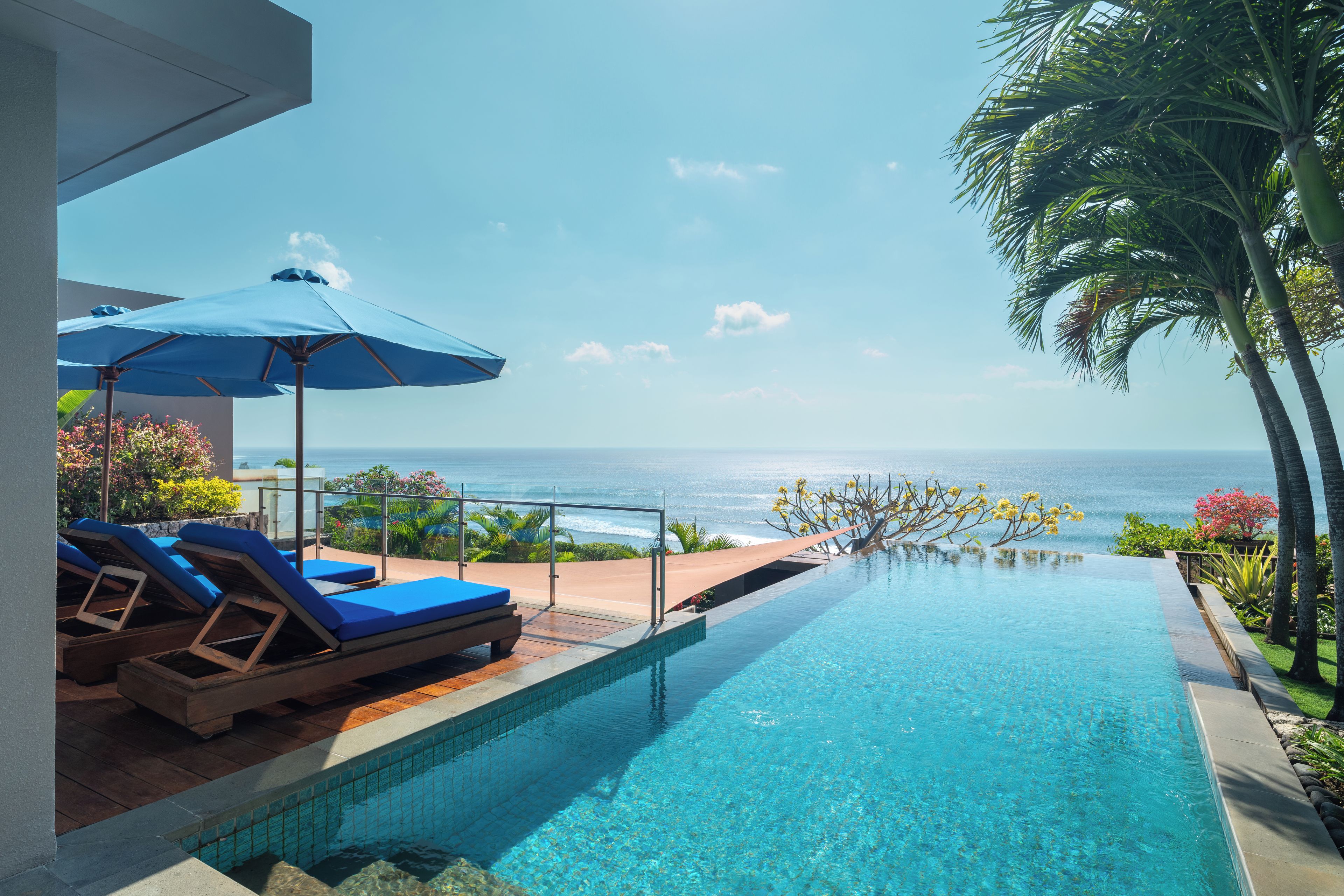 A clear blue pool with a view of the ocean, lounge chairs, and a palm tree.