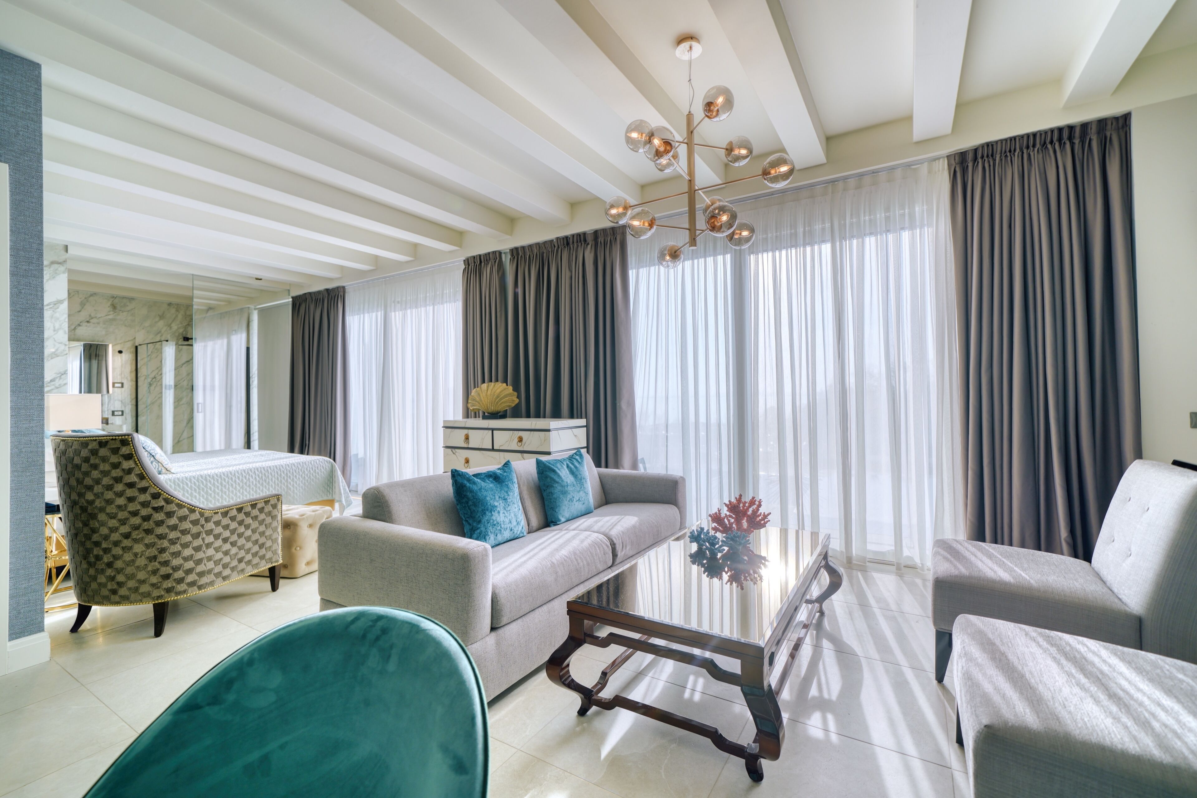 luxury suite, 1 bedroom, private pool, lake view | living area | tv