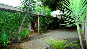 Un jardin avec un chemin de gravier, différentes plantes et une chaise en bois.