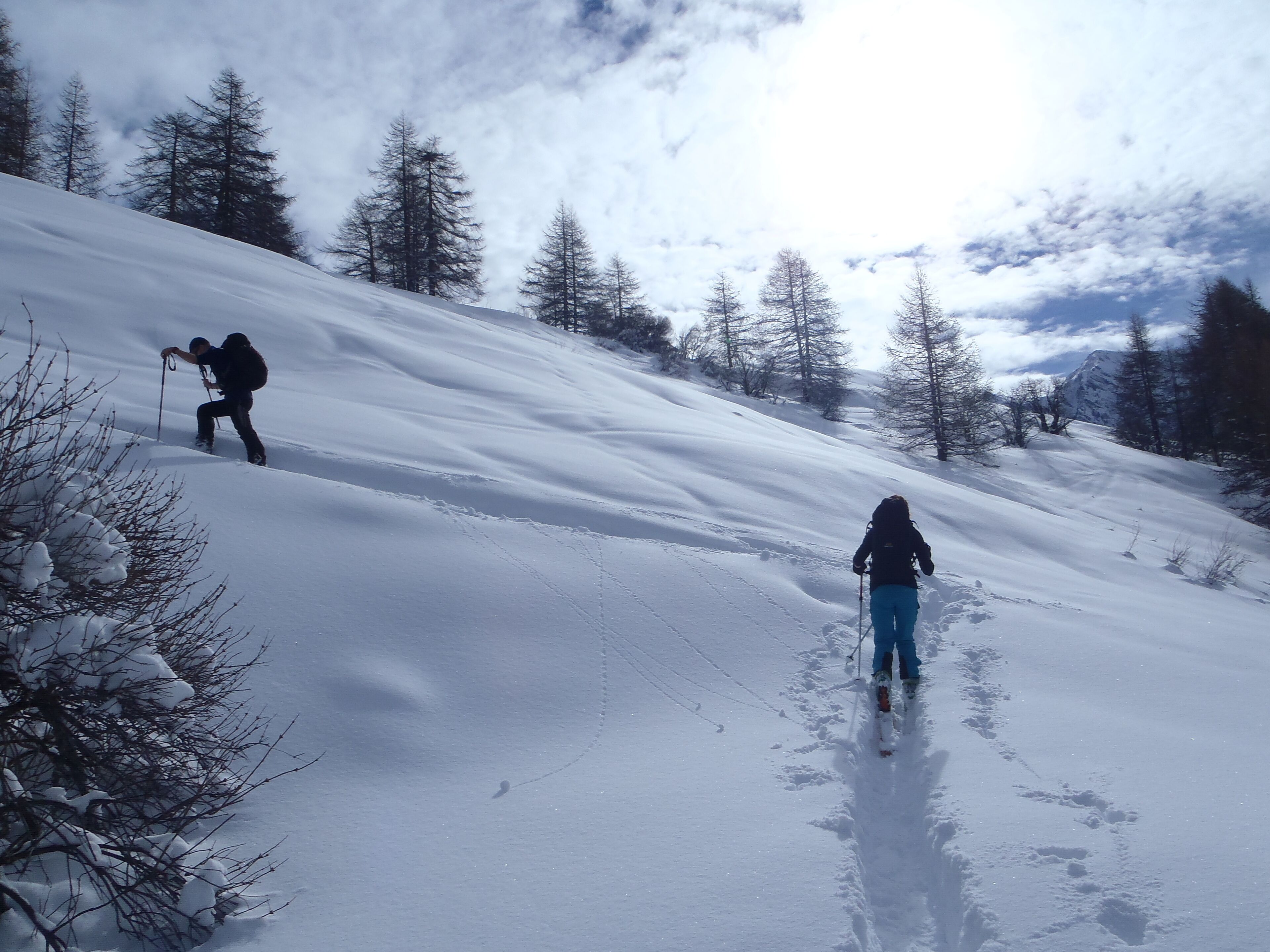A snowy landscape with two skiers descending a slope.