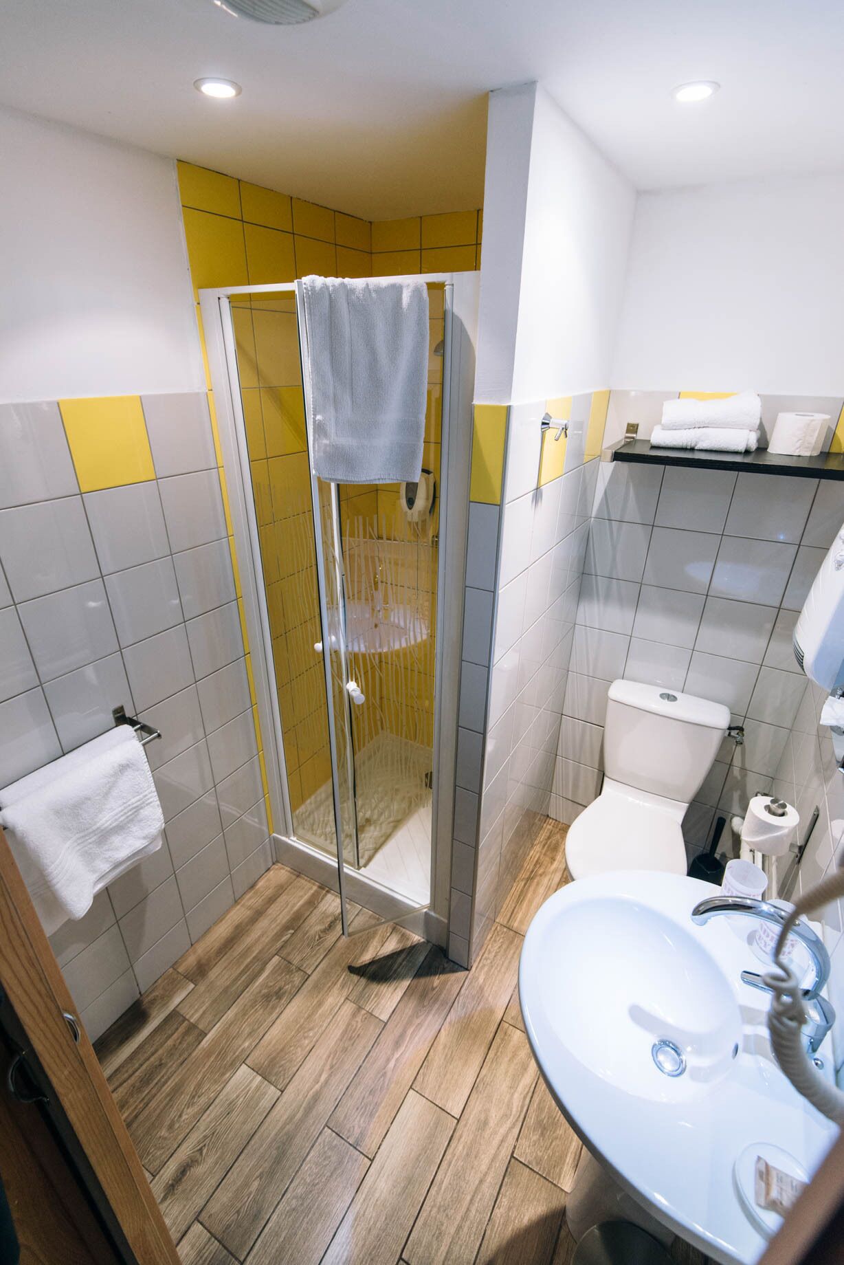 A bathroom with a glass shower enclosure, a white sink, and a toilet.