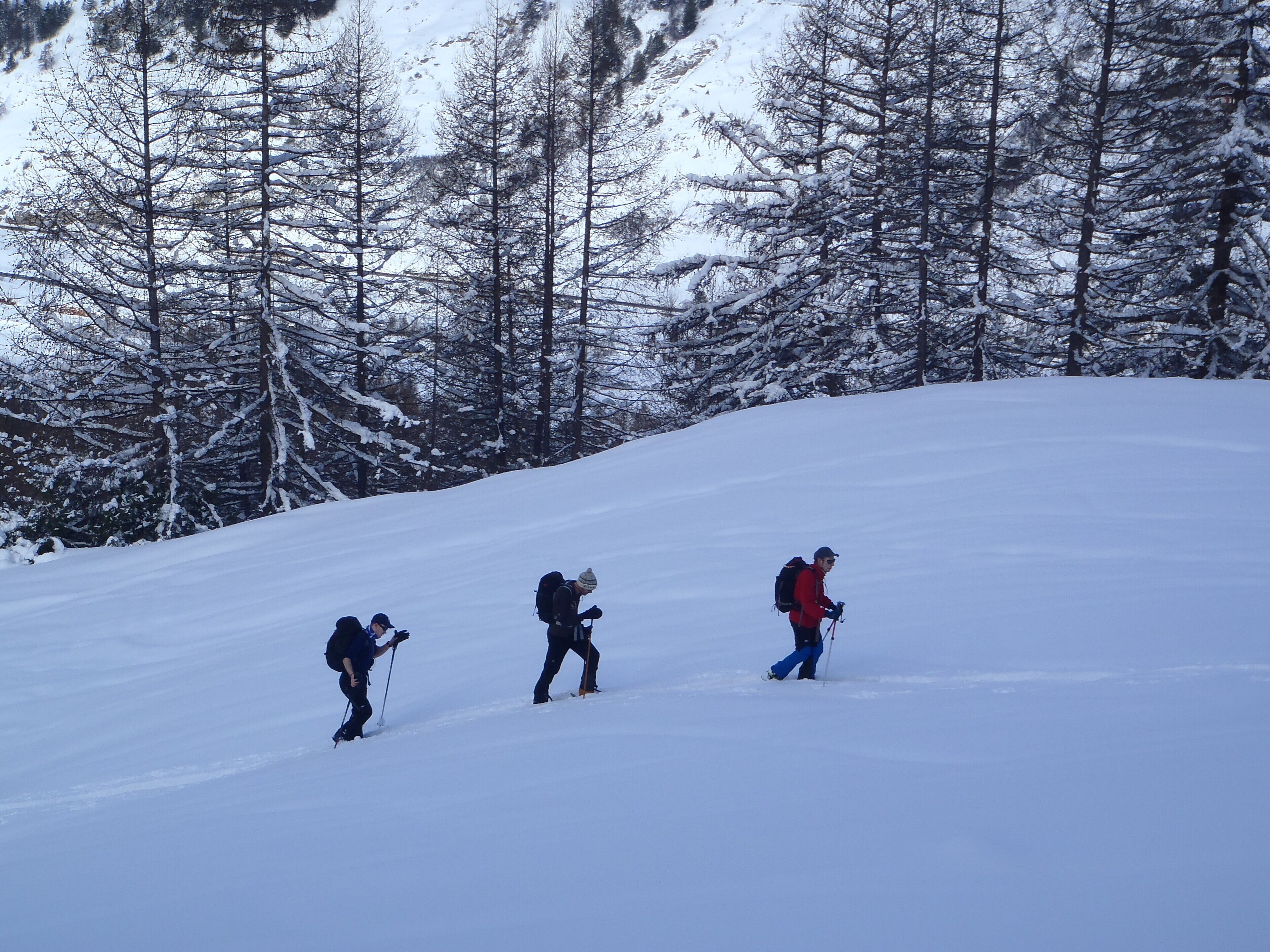 Un paysage enneigé où l’on voit trois personnes en randonnée.
