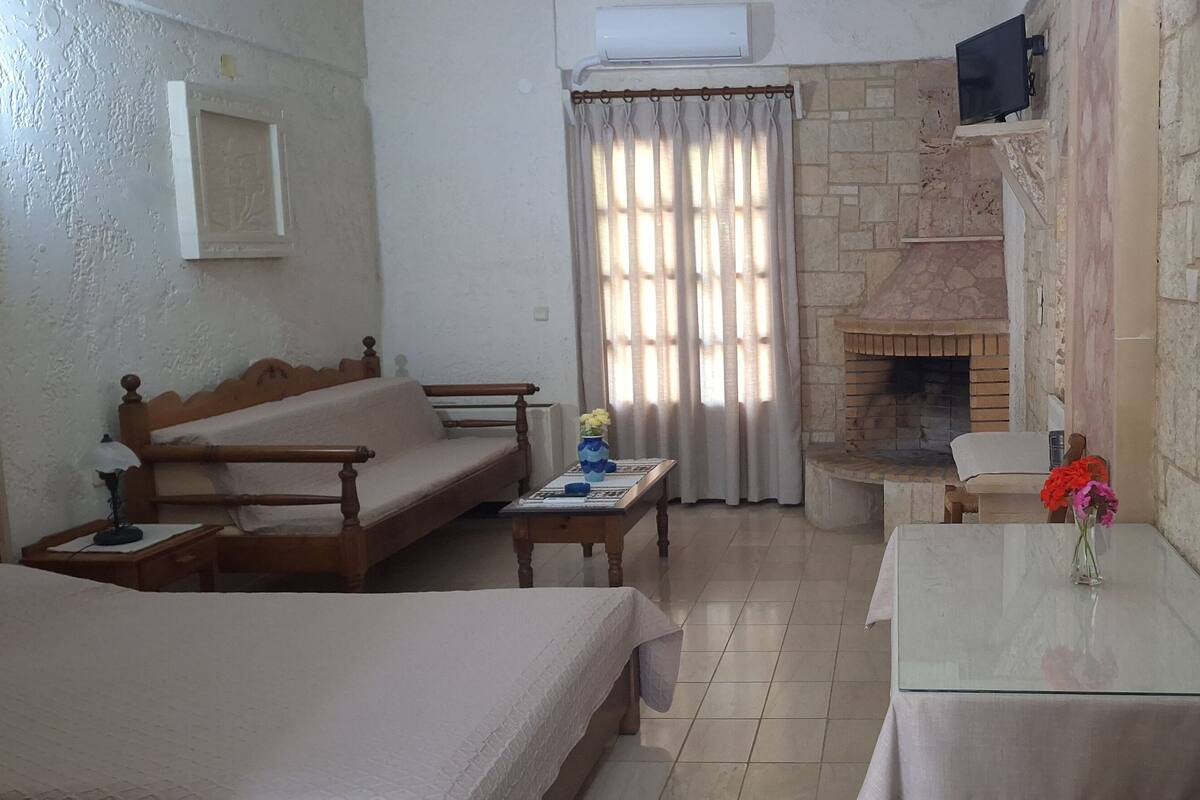 Una habitación con una cama, un sofá, una mesa con un jarrón de flores, una chimenea y un televisor en la pared.