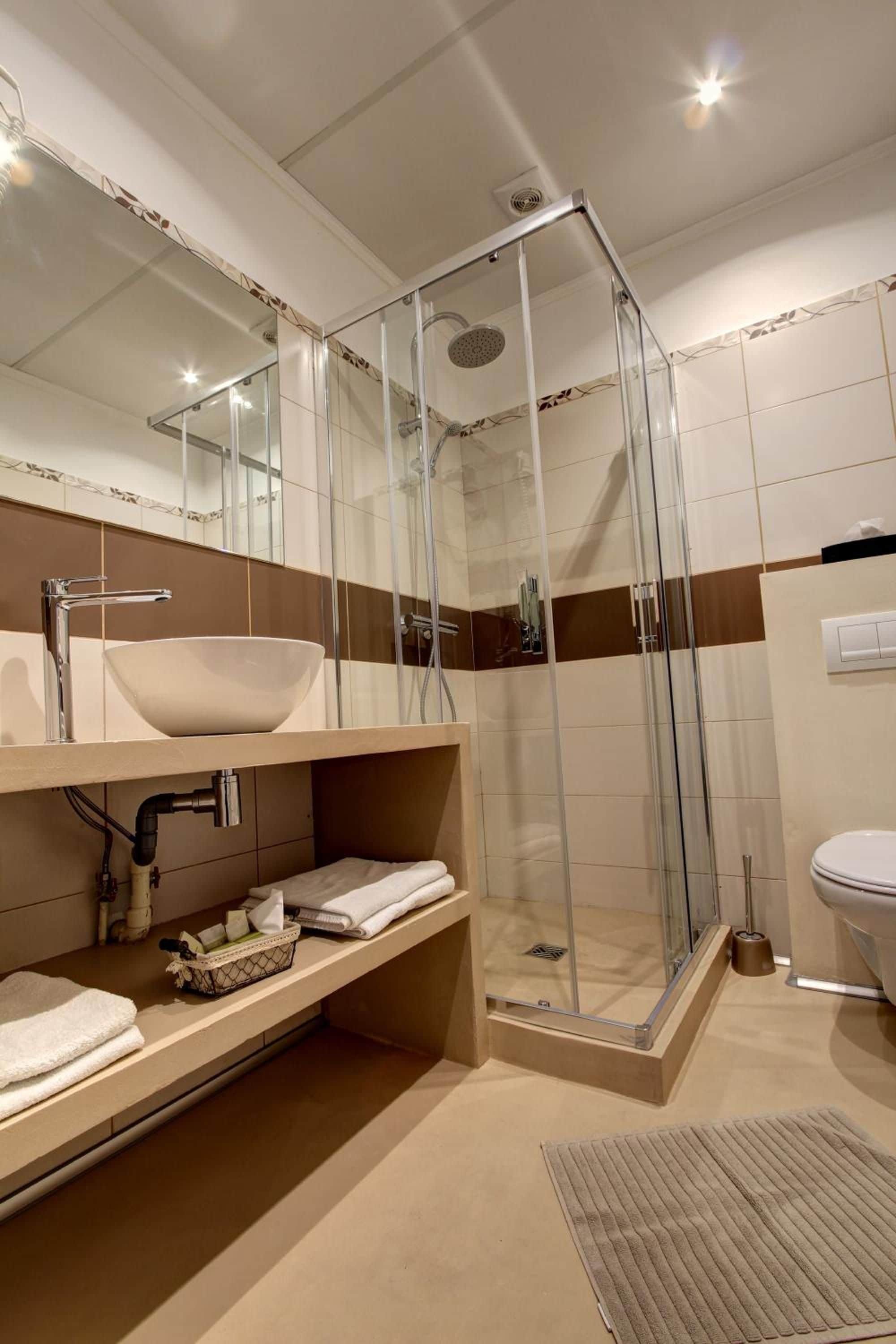 A modern bathroom with a glass-enclosed shower, a sink with a vessel basin, and a toilet.