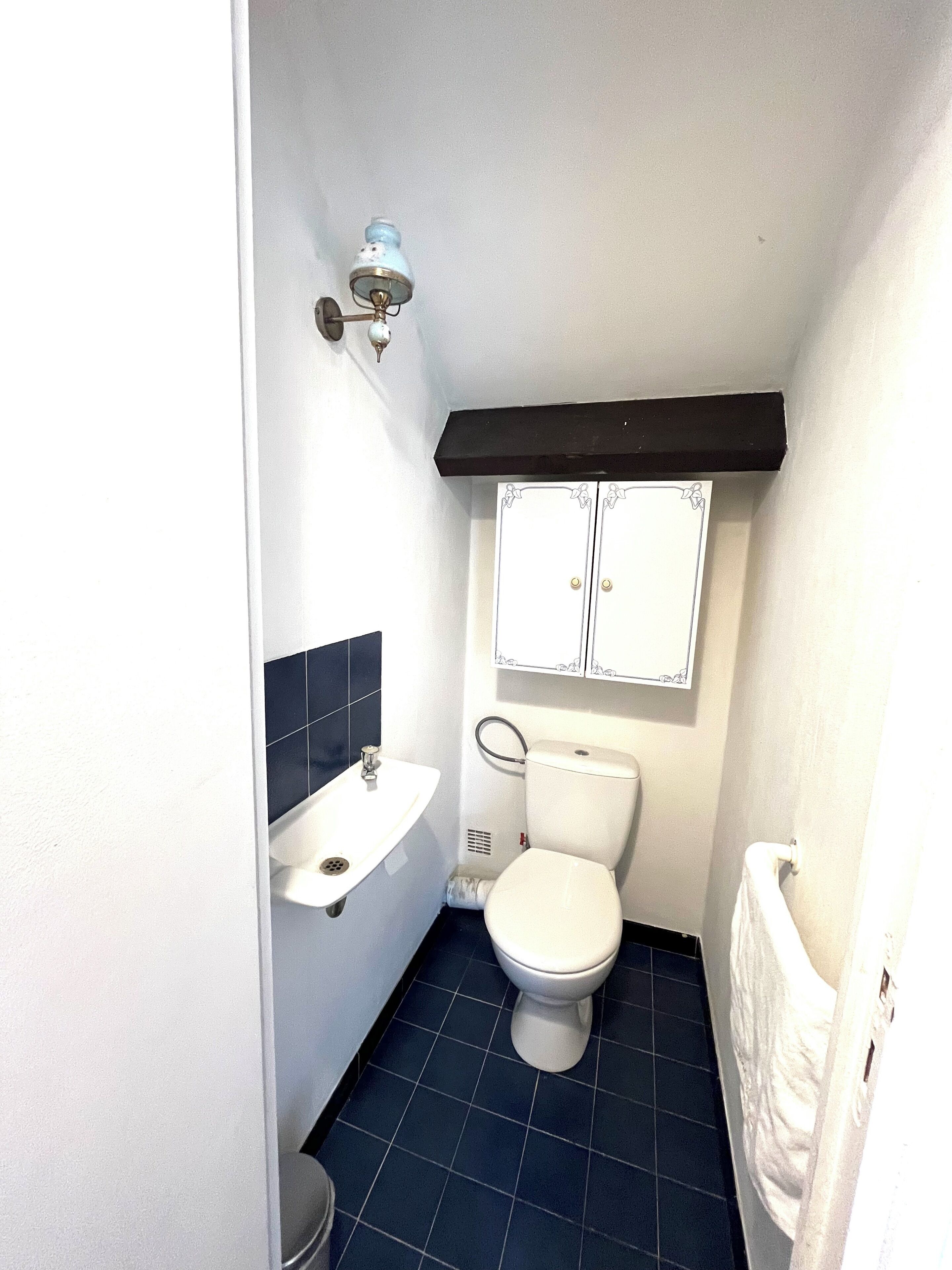 A small bathroom with a white sink, a toilet, and a towel rack.