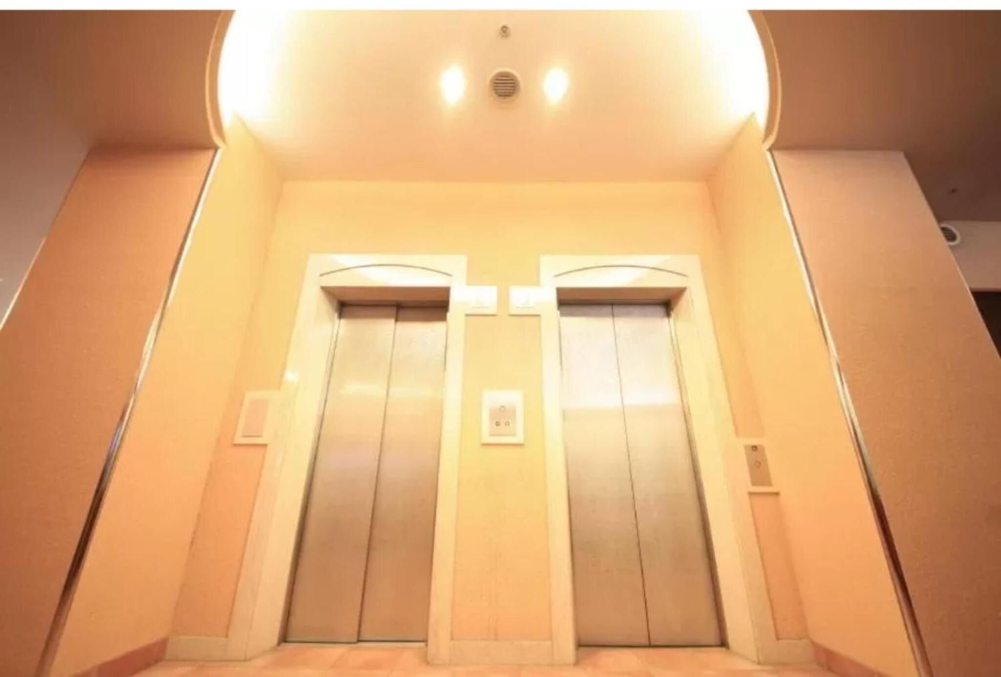 An elevator with two doors, a light fixture above, and a wall-mounted control panel.