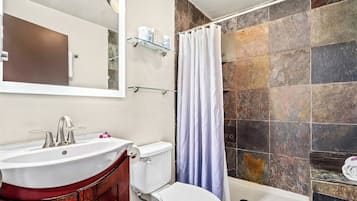 Un baño con lavabo, inodoro y ducha.