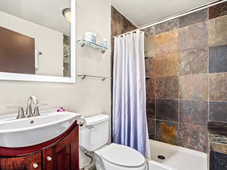 Un baño con lavabo, inodoro y ducha.