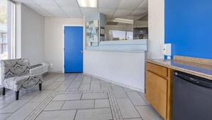 Una habitación moderna y bien iluminada con una puerta azul, un sillón estampado, una zona de cocina con lavavajillas y suelo de baldosas.