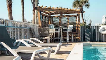 Outdoor pool, pool umbrellas, pool loungers
