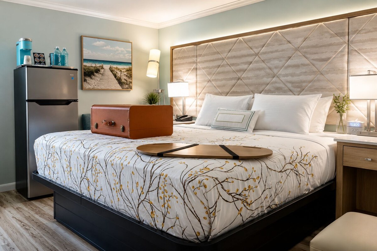 Frette Italian sheets, premium bedding, Tempur-Pedic beds, minibar