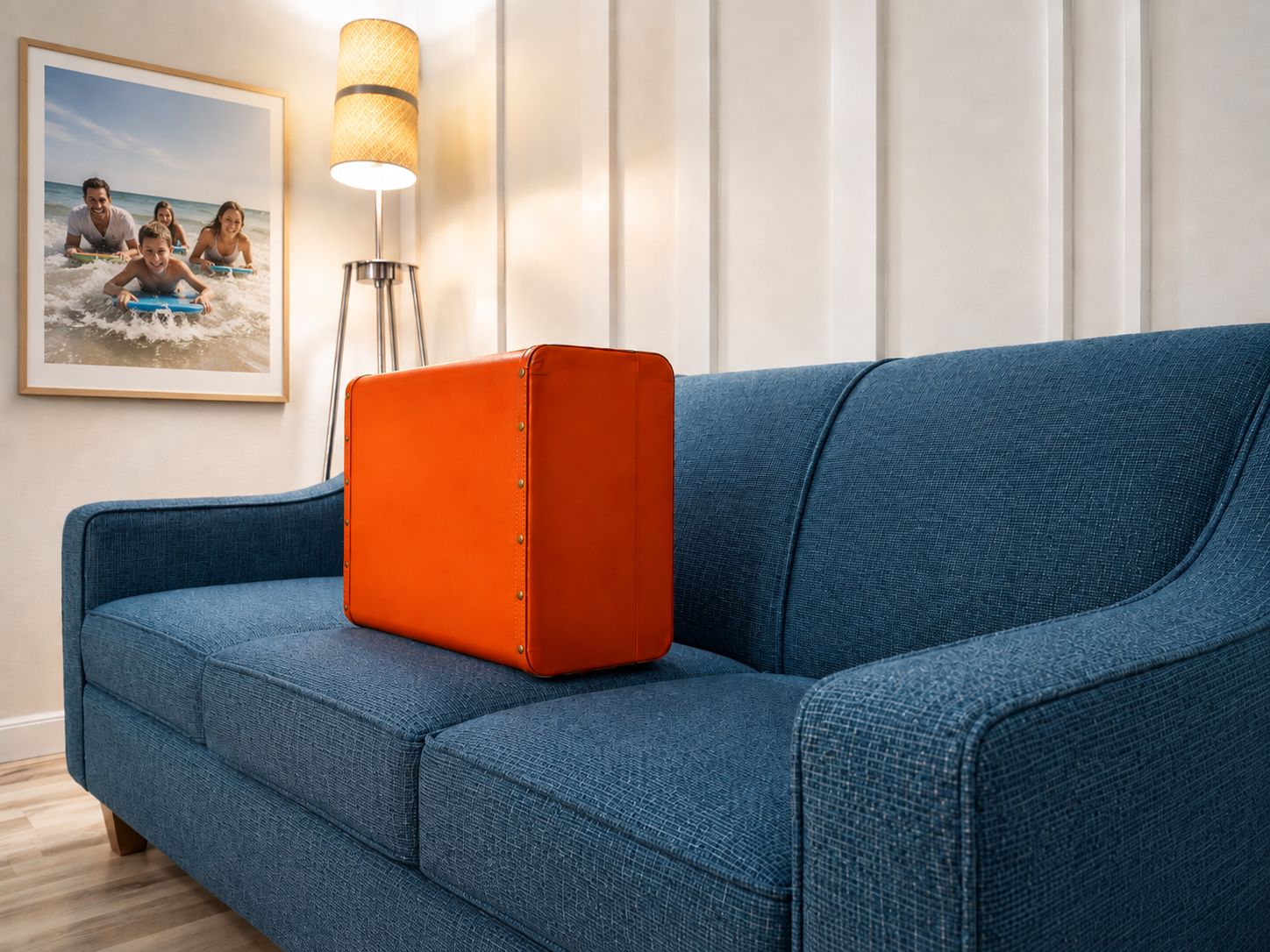 A blue sofa with a bright orange object on it, a lamp, and a framed picture on the wall.
