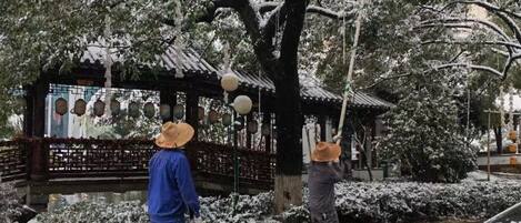 A traditional pavilion with a tiled roof, surrounded by snow-covered trees and a pathway.
