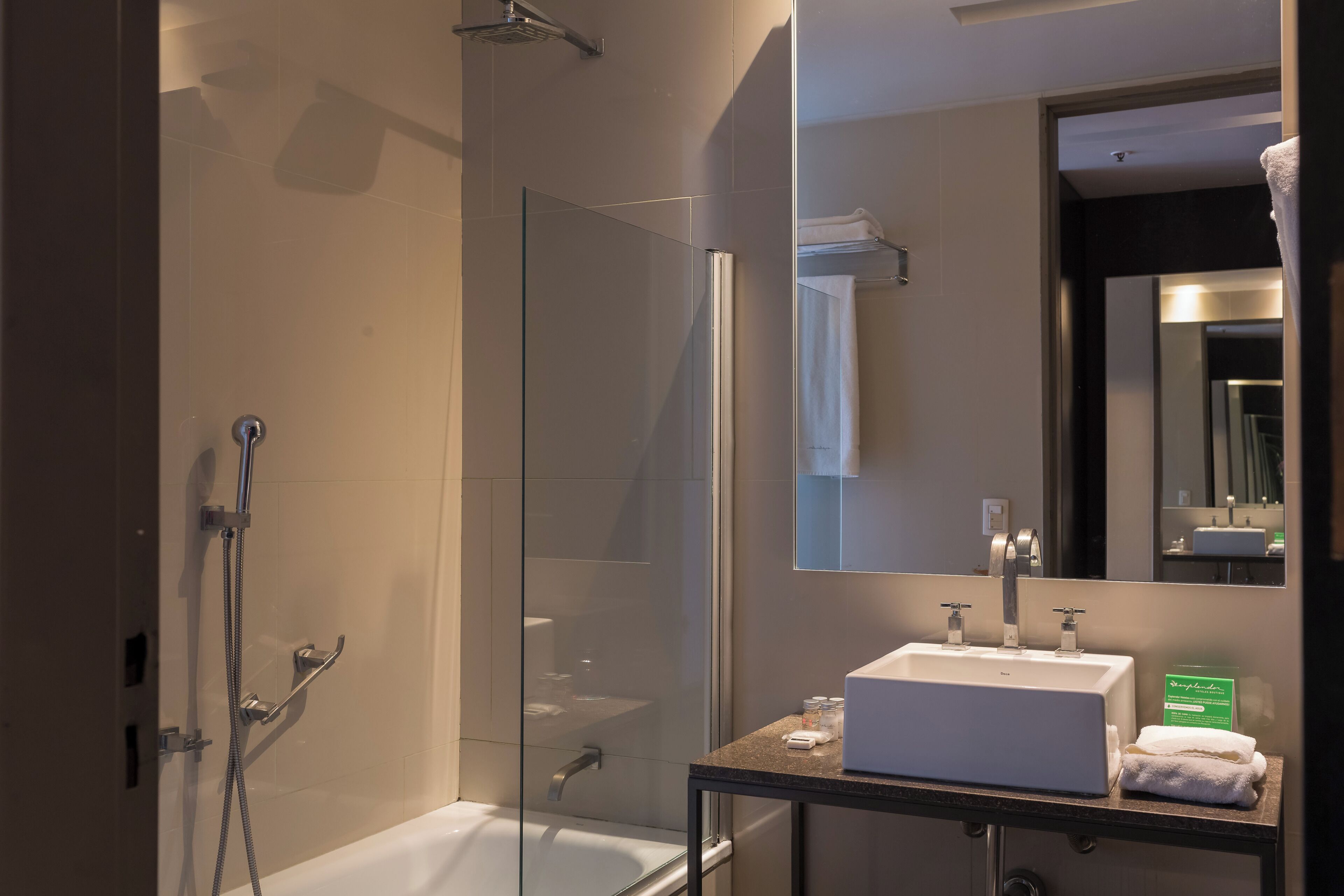 combined shower/bathtub, rainfall showerhead, hair dryer, bidet