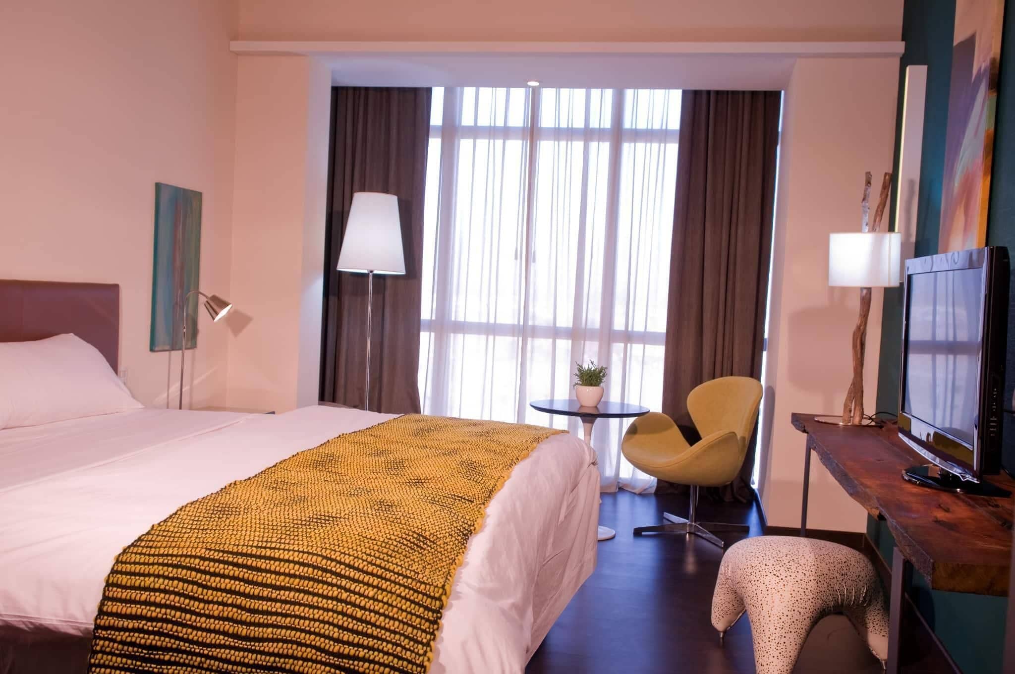 Une chambre d’hôtel avec un lit, une petite table sur laquelle est posée une plante, une chaise, un téléviseur et une fenêtre avec des rideaux.