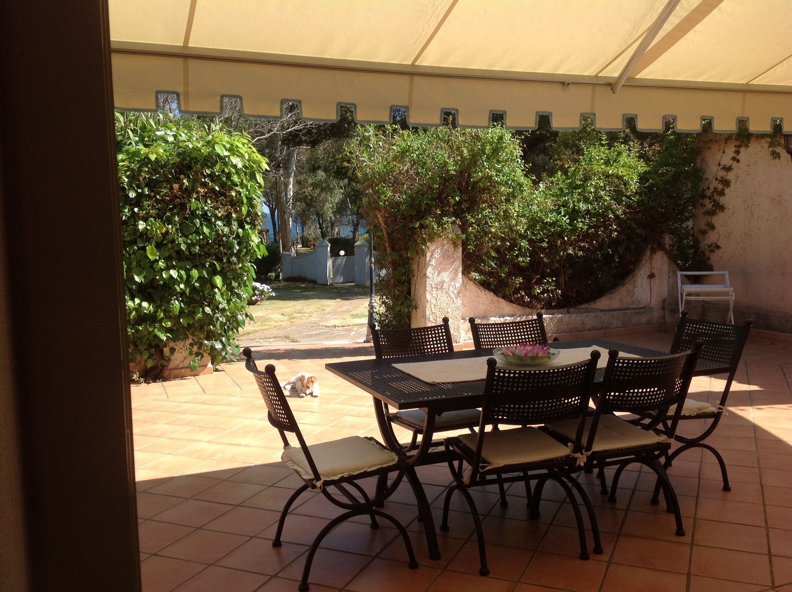 An outdoor patio with a table and chairs, surrounded by greenery and a tiled floor.