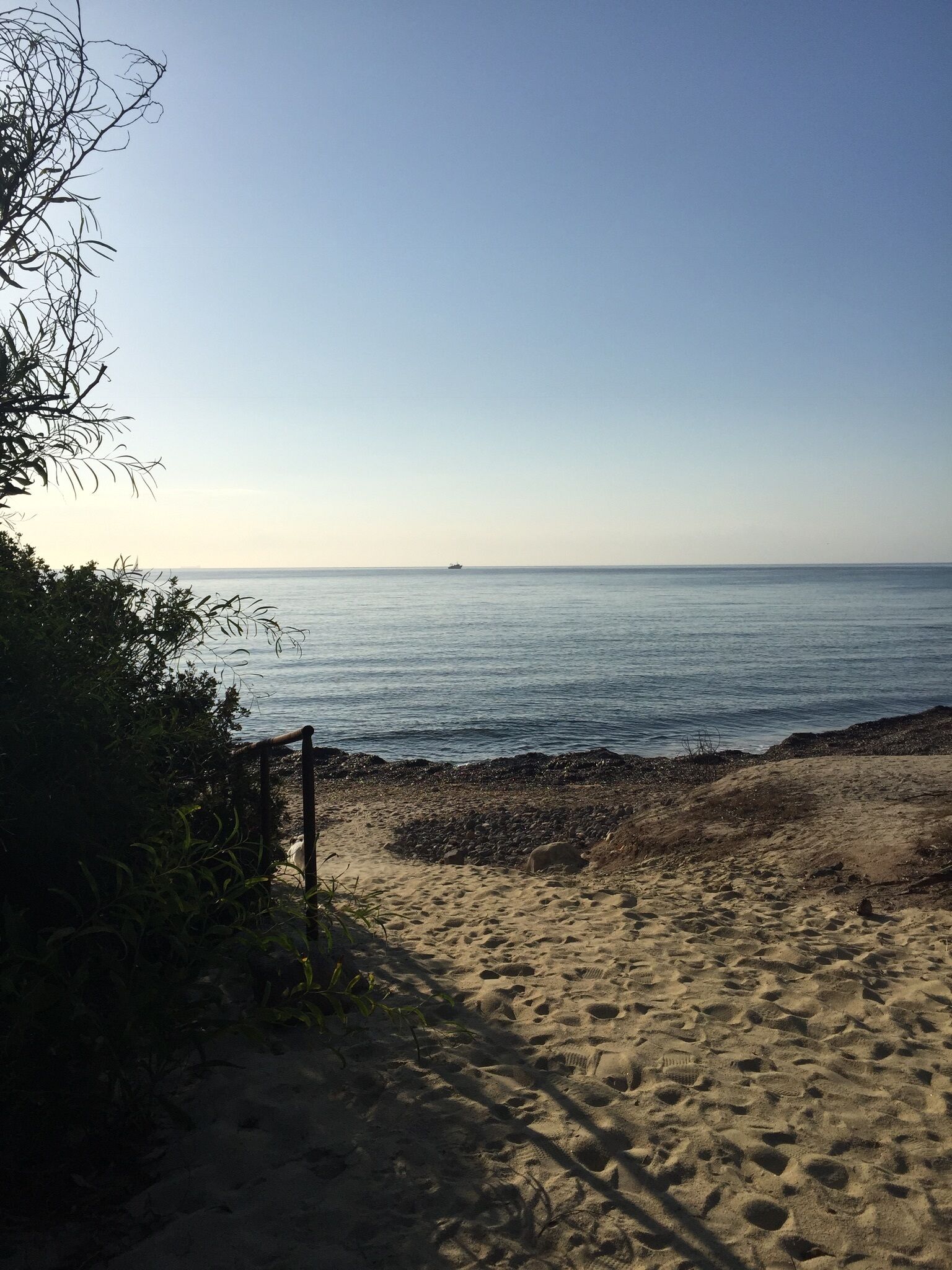 A sandy beach with a clear view of the ocean and a distant ship.