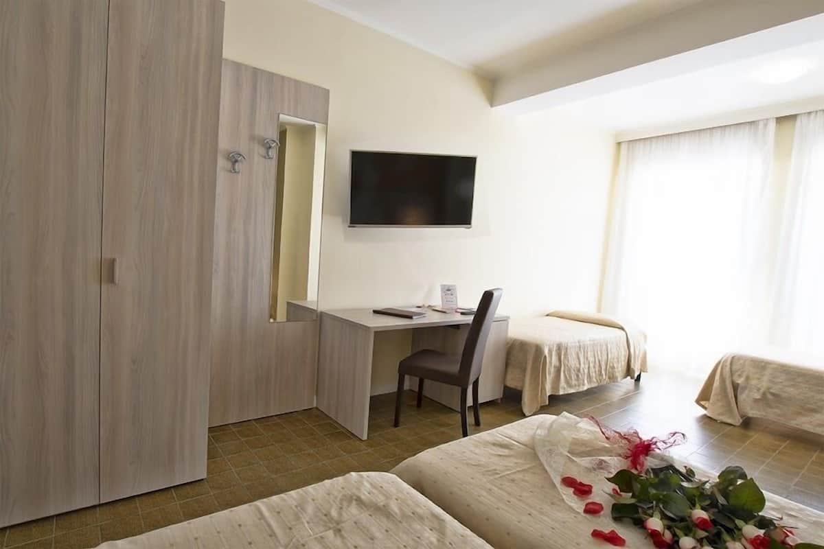 A hotel room with a bed, a desk, a chair, a TV, and a wardrobe.