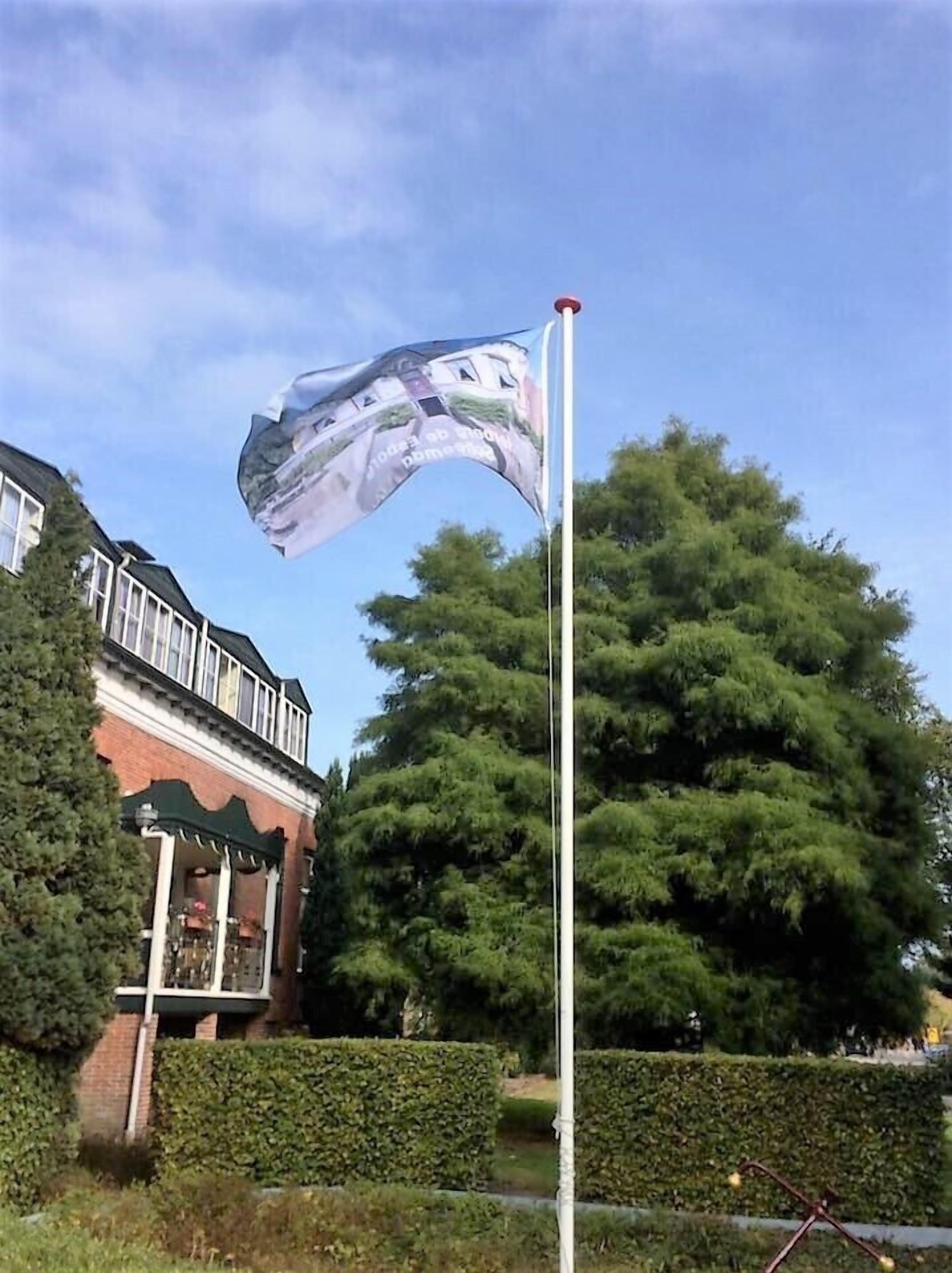 Un asta con una bandera, una casa y un árbol grande al fondo.