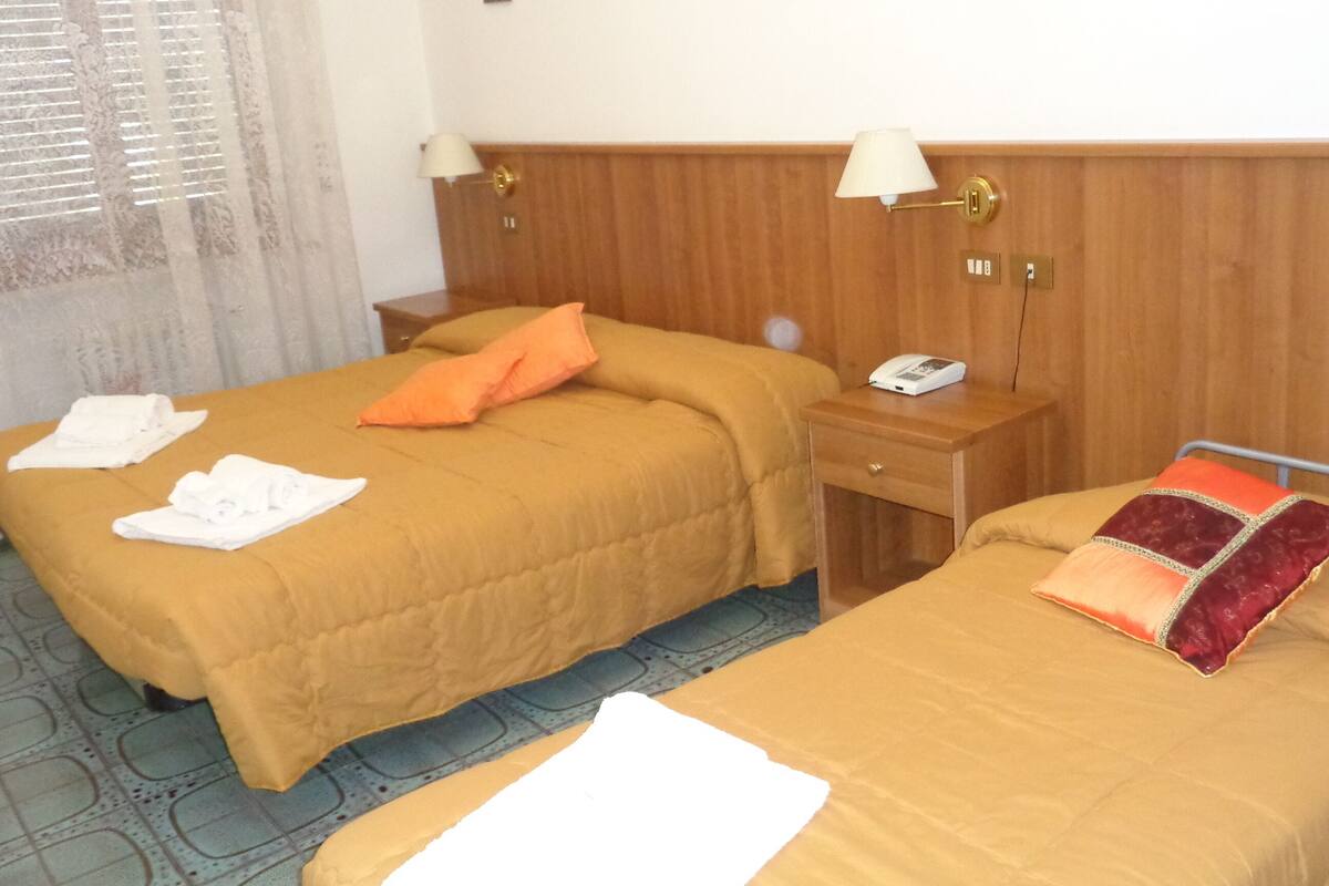 A hotel room with two beds, each with a duvet and pillows, a bedside table with a lamp, and a phone on the table.