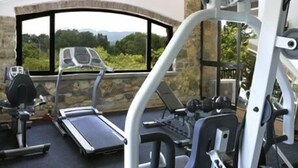 Un gimnasio con equipo de ejercicio, una cinta de correr y vistas a zonas verdes a través de un amplio ventanal.