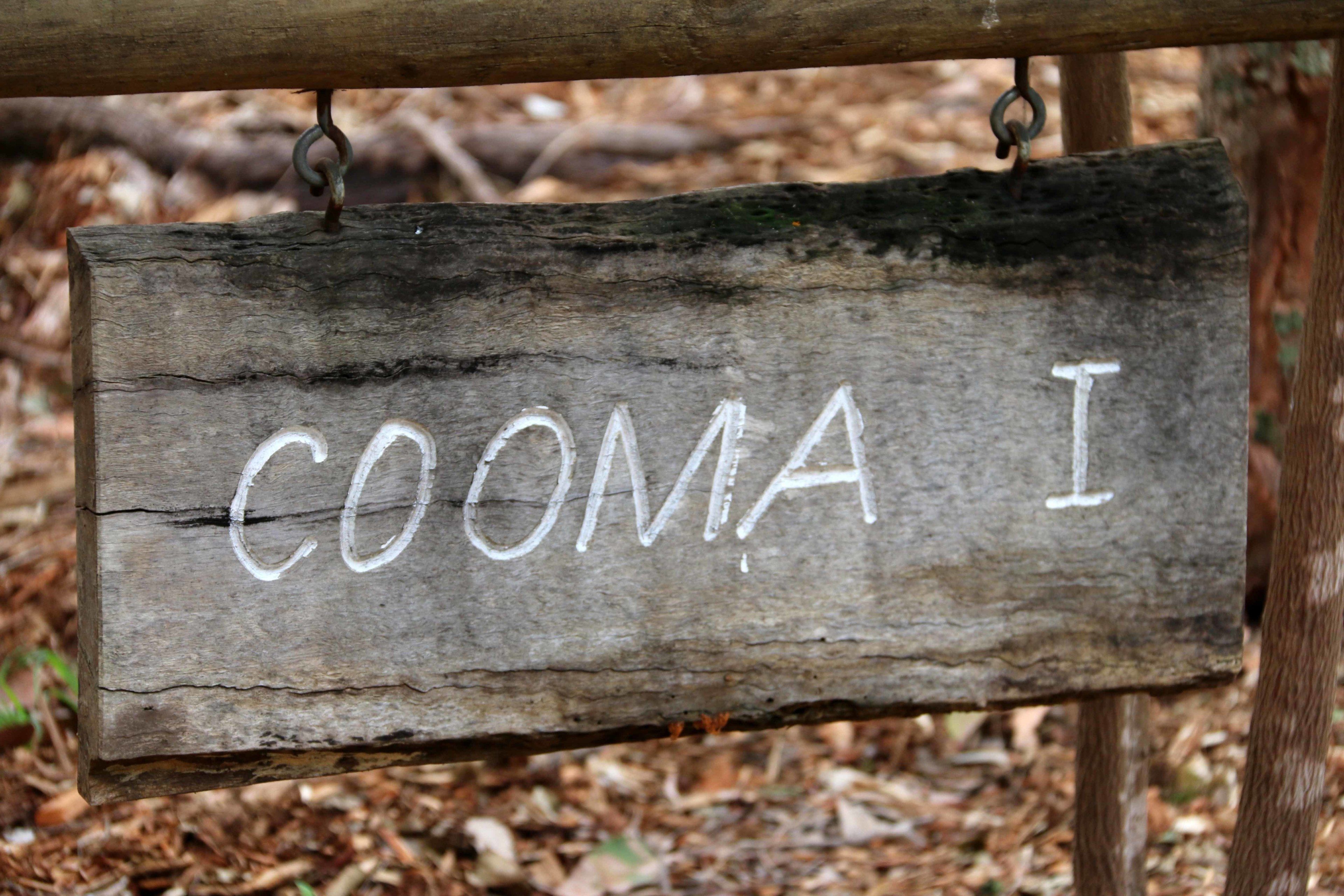 Un letrero de madera rústica con la inscripción 'COOMA I' sujeto a un poste de madera.