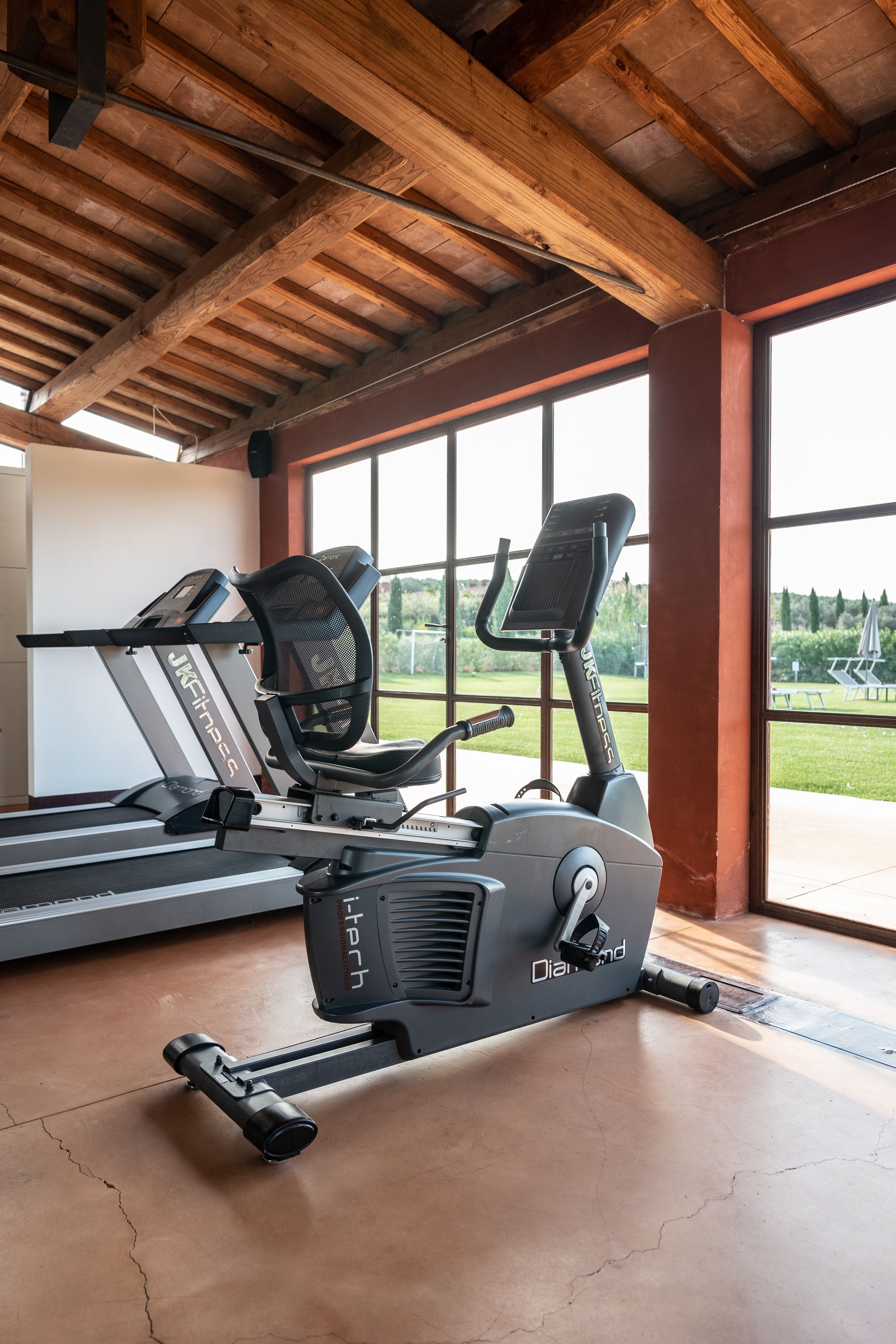 Een sportschool met trainingsapparatuur en grote ramen met uitzicht op een park.