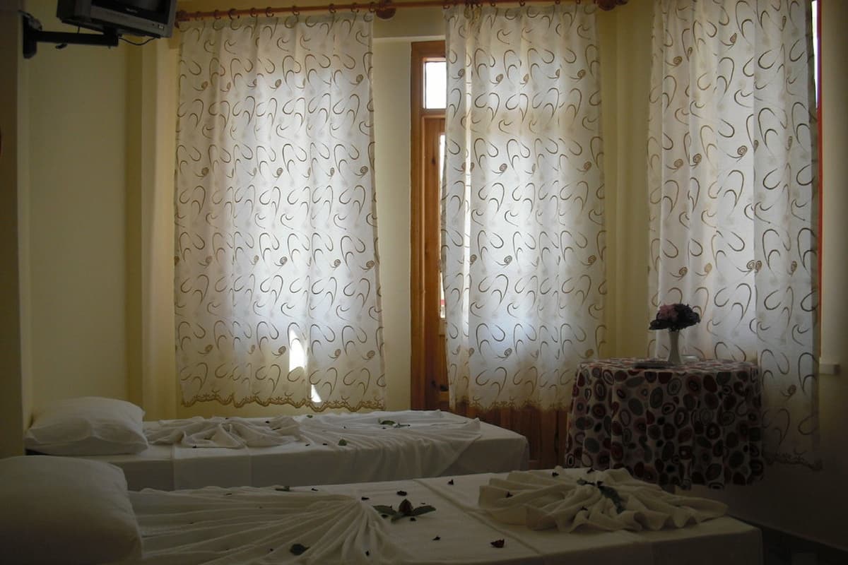 A hotel room with two beds, a small table with a vase, and patterned curtains.