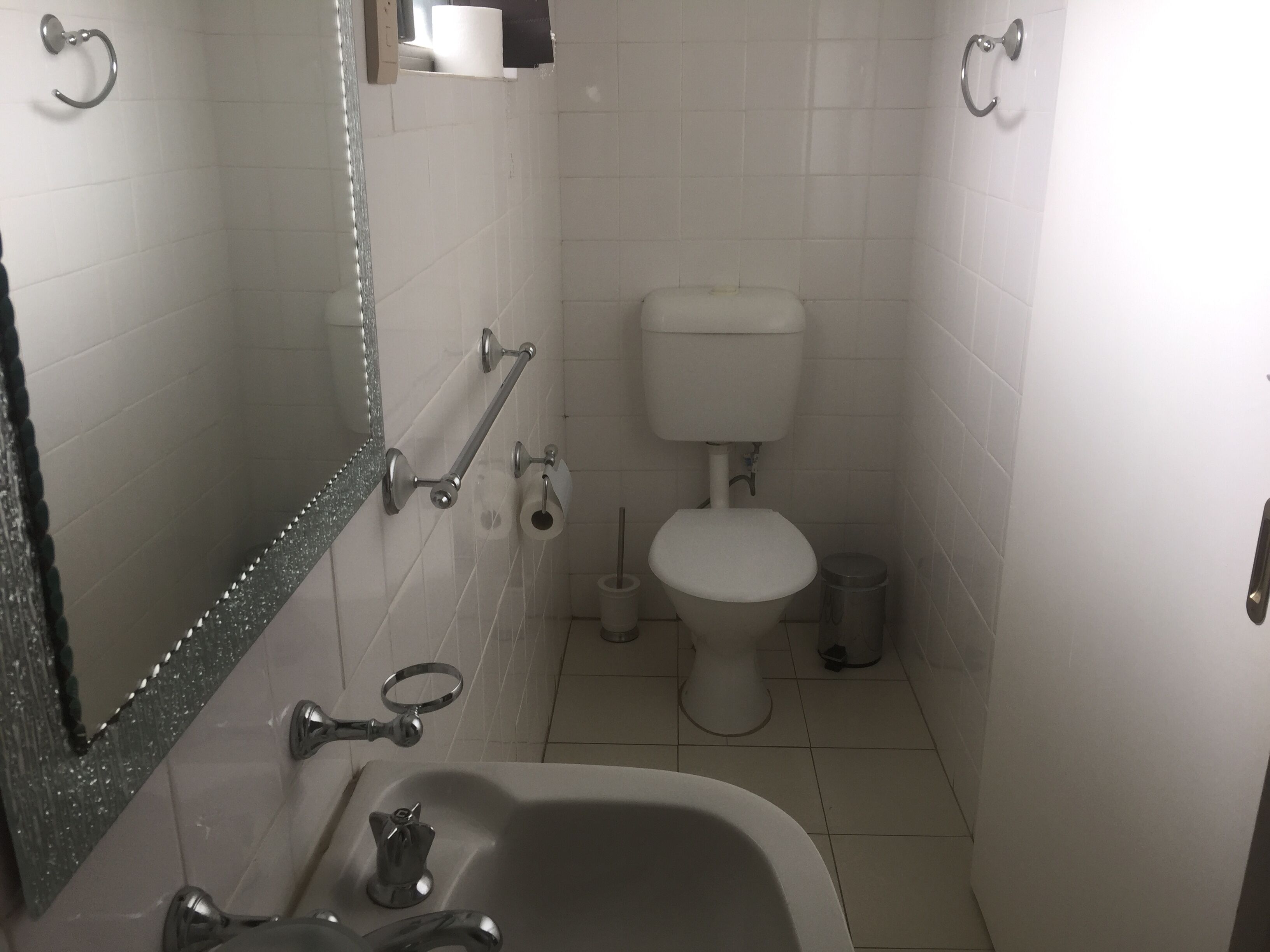 Ein Badezimmer mit Waschbecken, Toilette und Handläufer.
