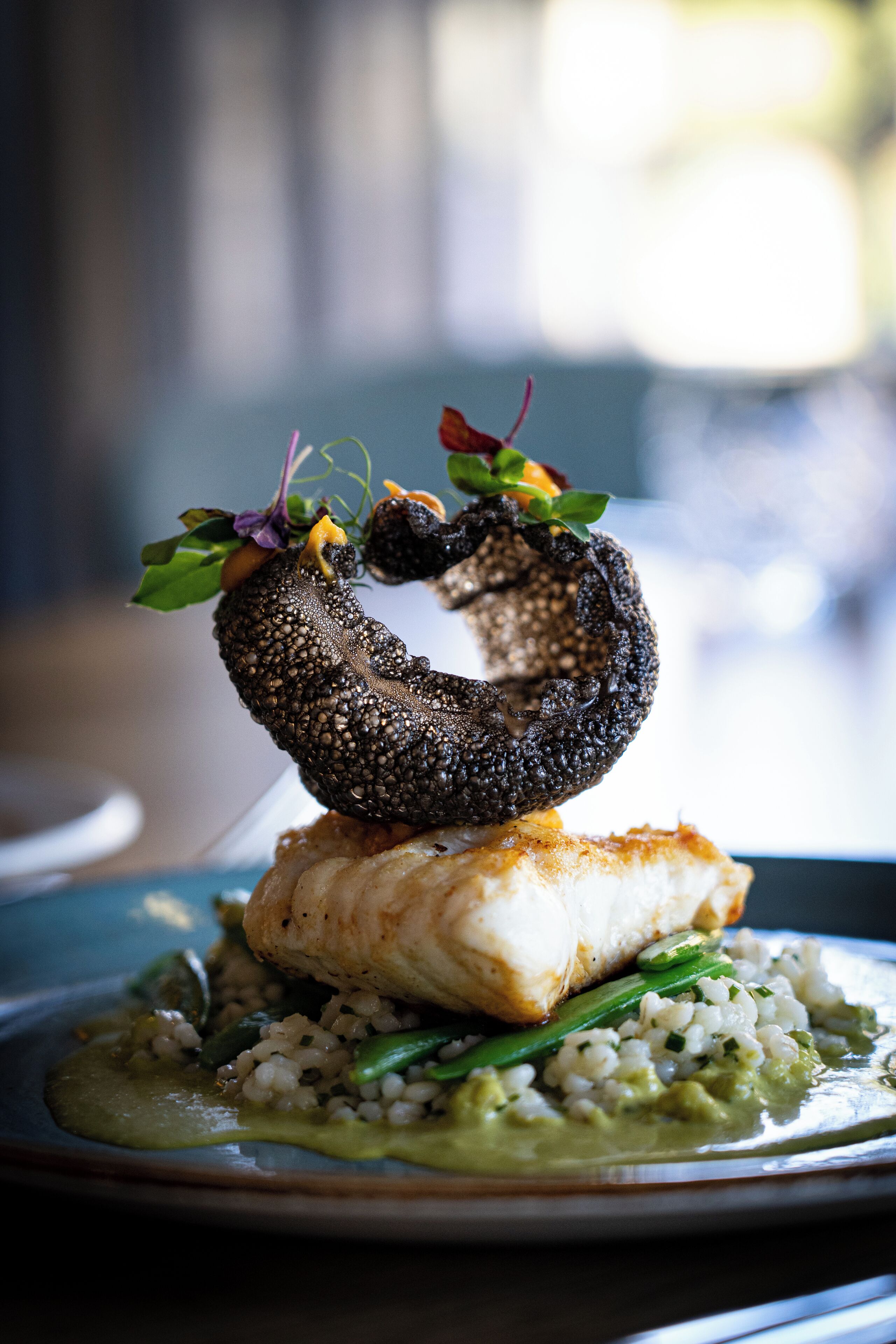 A plate of food with a fish fillet, green beans, and a decorative element on top.