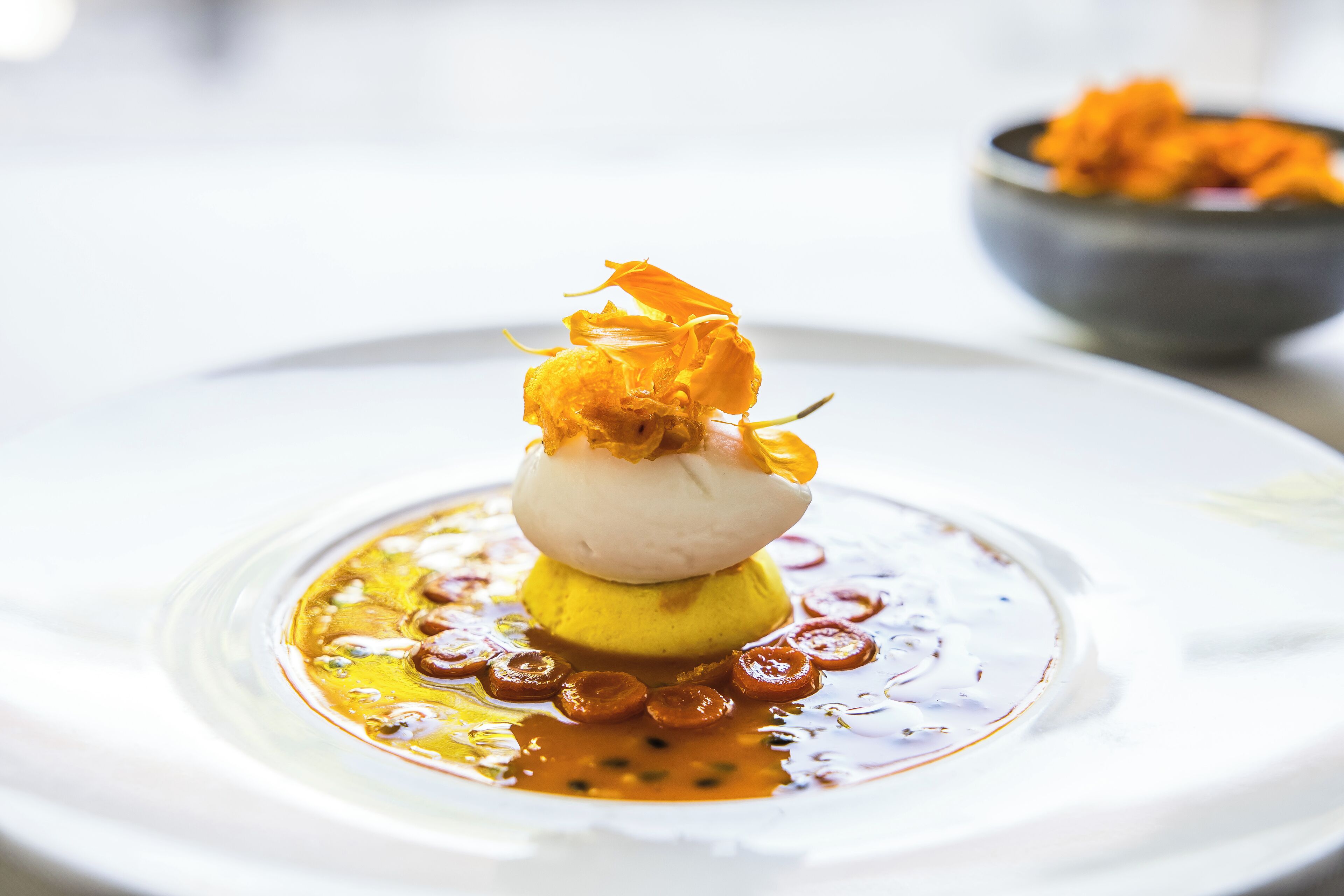 A dessert on a white plate with a clear liquid and caramelized sugar rings around it.